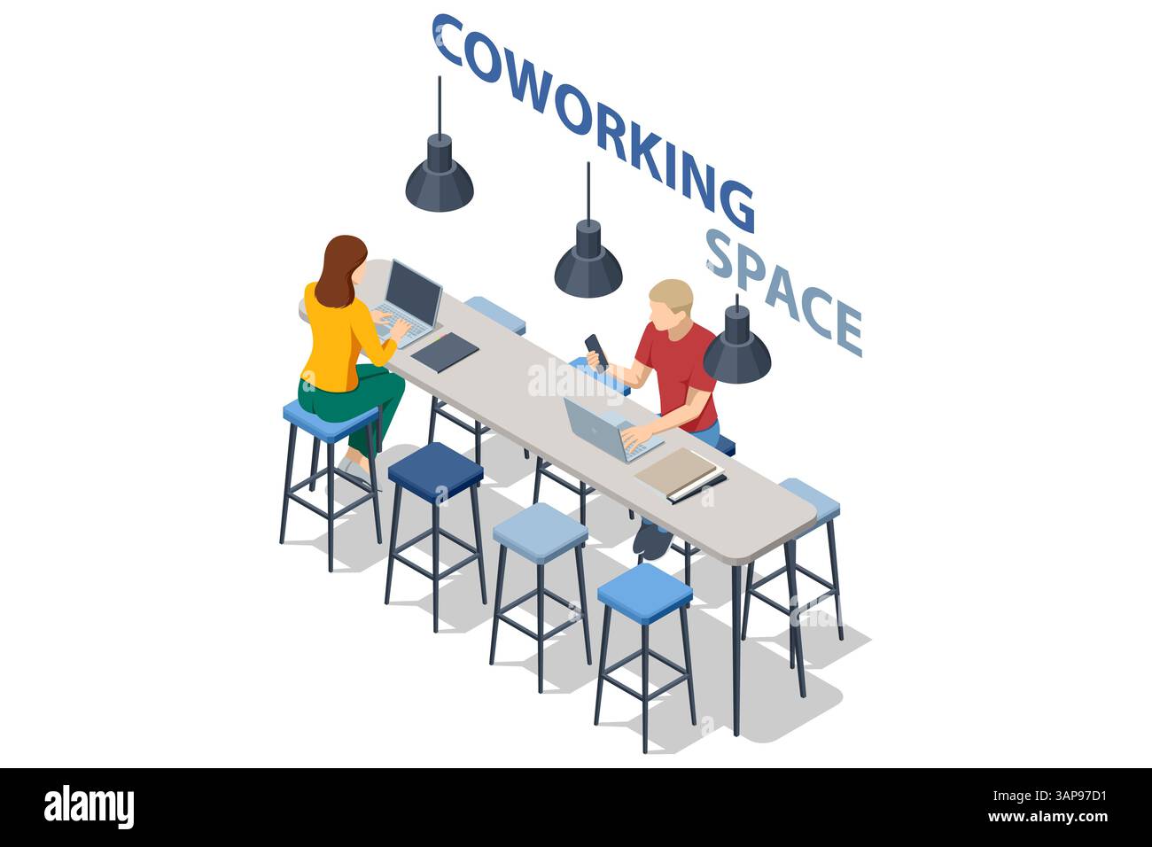 Isometrische Darstellung von zwei Personen, die in einem Coworking-Raum mit Laptops und Barhockern unter stilvollen Hängeleuchten arbeiten. Geschäftsplanung, Arbeit Stock Vektor