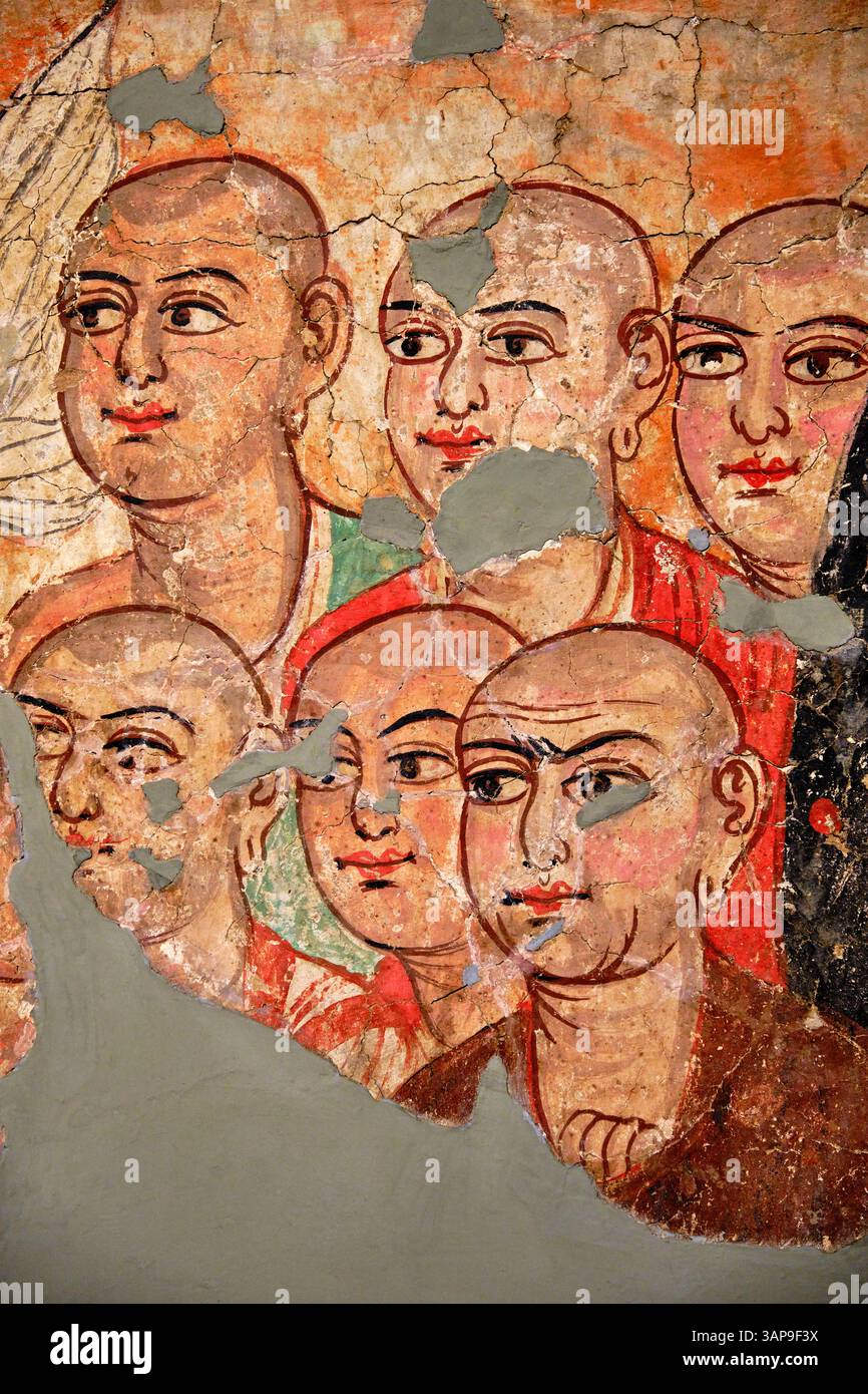 Indien, Delhi, Neu-Delhi, Nationalmuseum, Buddha mit sechs Schülern, Fragment der gemalten Wand, Miran (China-Xinjiang), 3.-4. Jahrhundert Stockfoto