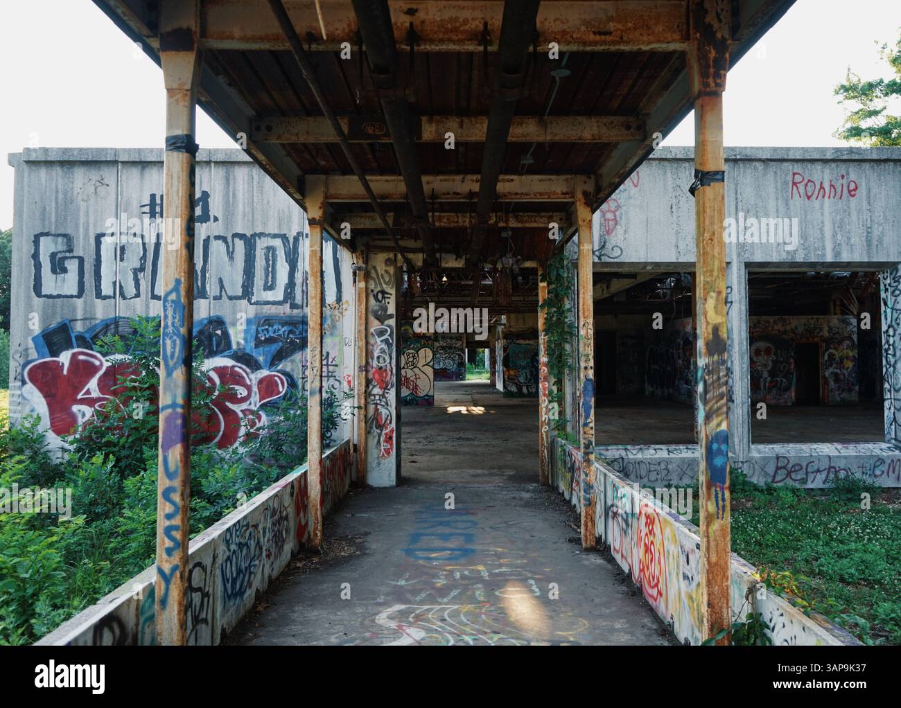 Eine verlassene Industriefabrik in Connecticut, die lebendige Graffiti vor dem Hintergrund verfallener Architektur bietet – eine deutliche Erinnerung an urbanes d Stockfoto