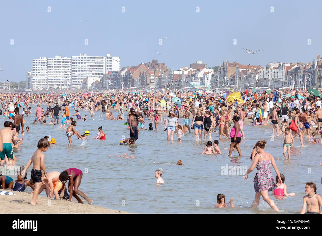 Dünkirchen (Dünkirchen), Nordfrankreich:: Touristenströme im Sommer entlang der „Cite d’Opale“-Küste viele Urlauber genießen Sonne und Meer auf dem beac Stockfoto