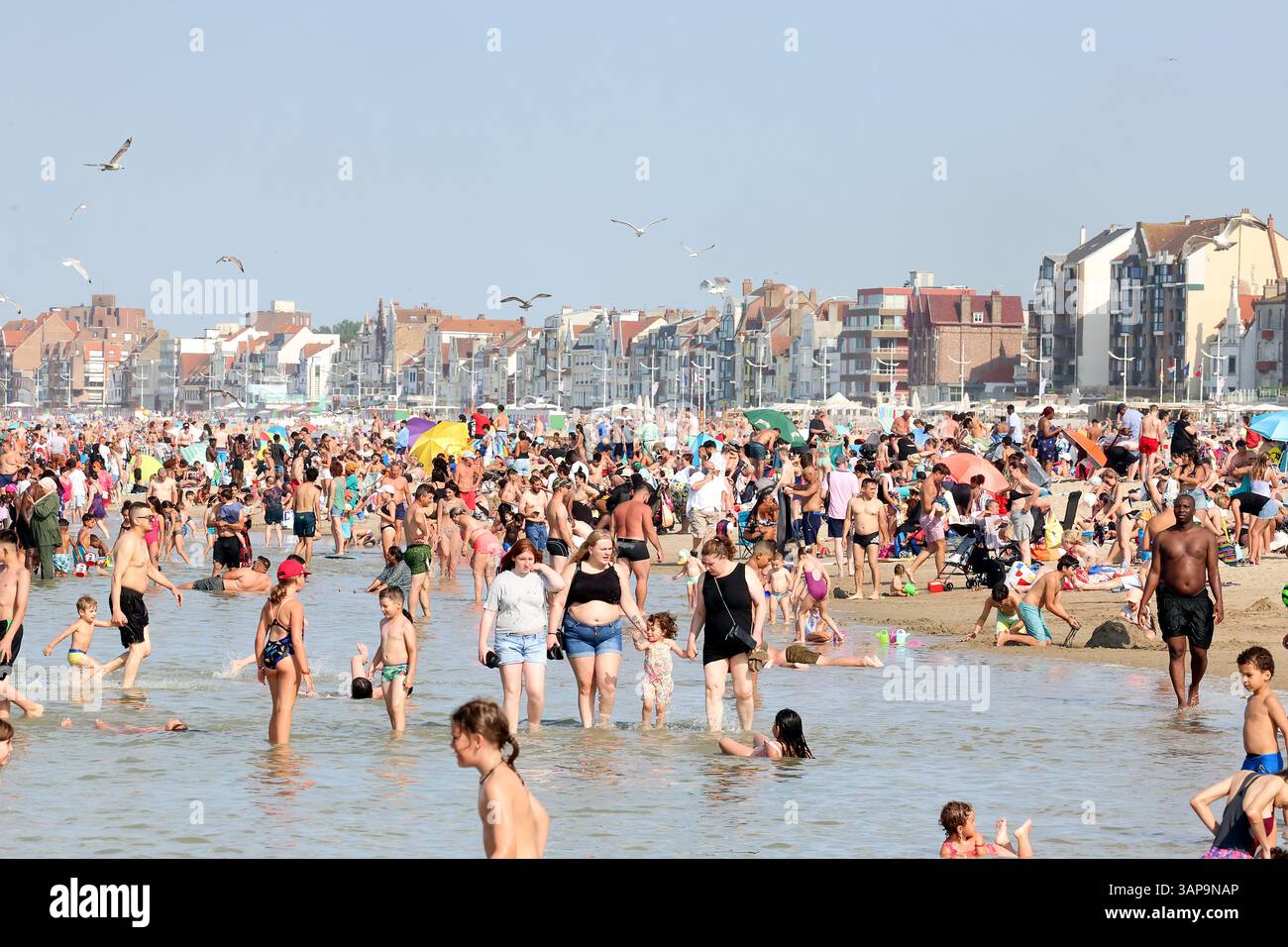 Dünkirchen (Dünkirchen), Nordfrankreich:: Touristenströme im Sommer entlang der „Cite d’Opale“-Küste viele Urlauber genießen Sonne und Meer auf dem beac Stockfoto
