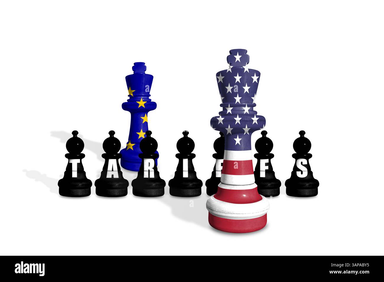 Schach aus USA- und EU-Flaggen. Handel, Zölle, Zölle und Zölle zwischen DEN USA und der EU Stockfoto