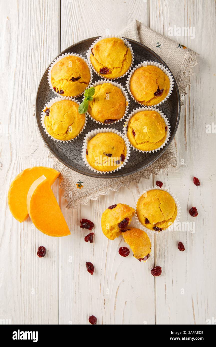 Zarte Muffins mit Kürbispüree und Preiselbeeren in Nahaufnahme auf einem Teller auf dem Tisch. Vertikale Draufsicht von oben Stockfoto