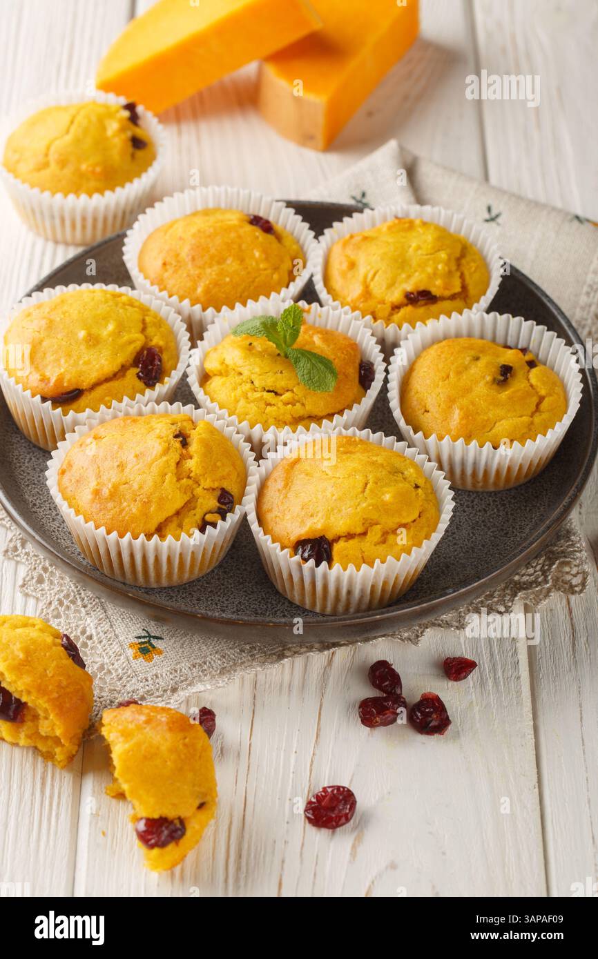 Weiche und flauschige Muffins, gewürzt mit Kürbis, Preiselbeeren, warmen Gewürzen und einem Hauch von Orangen auf dem Teller auf dem Holztisch. Vertikal Stockfoto