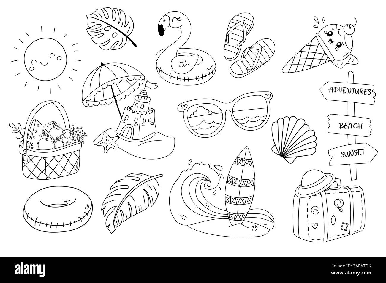 Schwarz-weiße, handgezeichnete Collage im Sommer mit Flamingowagen, Eis, Sonne, Sonnenschirm, Surfbrett und Koffer. Stock Vektor