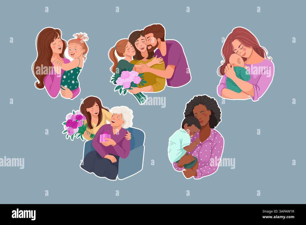 Hand gezeichneter Vektor-Aufkleber für Muttertag mit dunkelhäutiger Mutter mit Kindern, älterer Mutter und liebevollen Familienmomenten im Cartoon-Stil. Vektor Stock Vektor