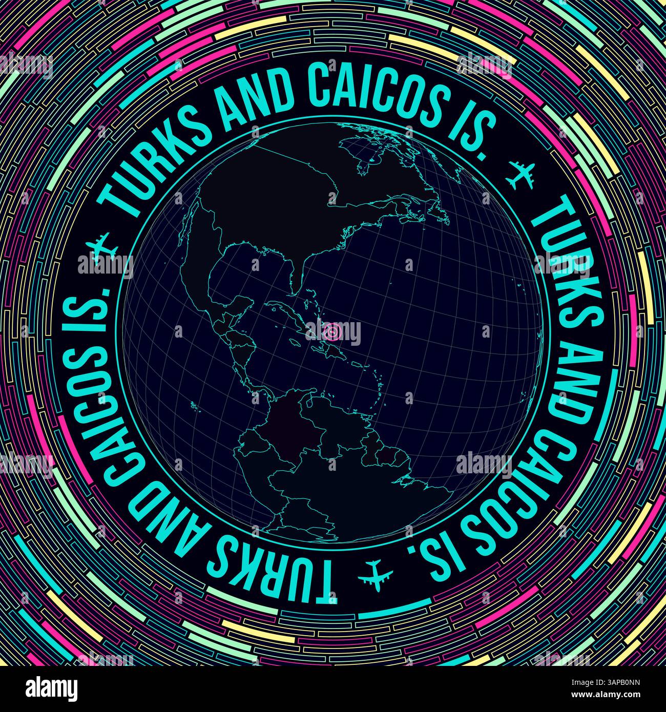 Turks und Caicos auf der Welt. Satellitenansicht der Welt im Zentrum von Türken und Caicos. Leuchtender Neonstil. Futuristischer Radialziegelhintergrund. Stock Vektor
