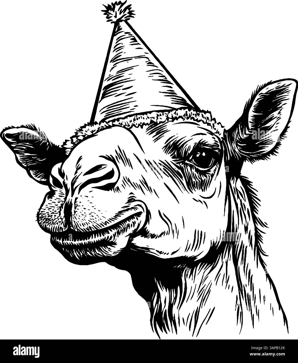 Eine Vintage-Holzschnitt-Illustration zeigt ein fröhliches Kamel mit einem Partyhut und zeigt seinen verspielten Ausdruck Stock Vektor