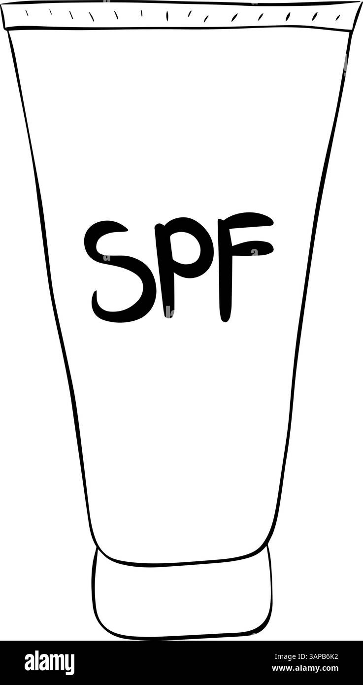 Abbildung: SPF-Flasche. Vektorgrafik Linie Tinte Sonnenschutzlotion Tube. Symbol für Sommerhautpflege, UV-Schutz, Strandurlaub, Reisen in tropische R Stock Vektor