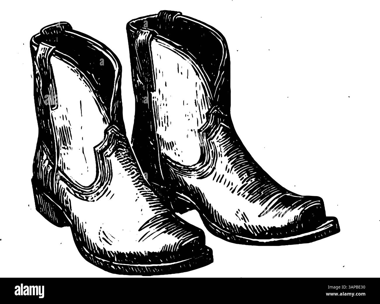 Eine detaillierte Holzschnitt-Illustration eines Paar robuster Stiefel mit Nieten zeigt die komplizierte Handwerkskunst und das Vintage-Design Stock Vektor
