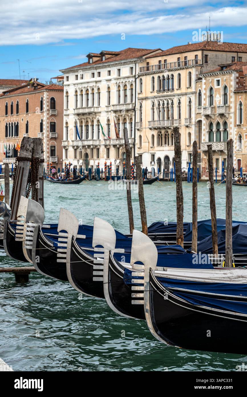 Angedockte Gondelruderboote im Canale Grande, Venedig, Venetien, Italien Stockfoto