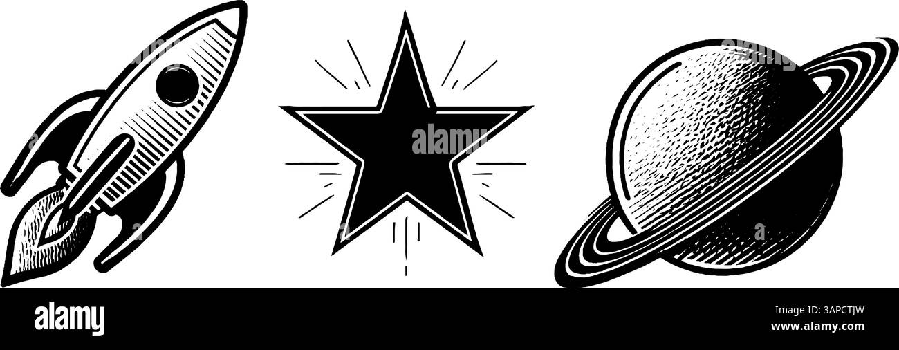 Vintage-Gravur für Weltraumforschung mit Raketen- und Planetendesign für Wissenschaftsbegeisterte. Stock Vektor