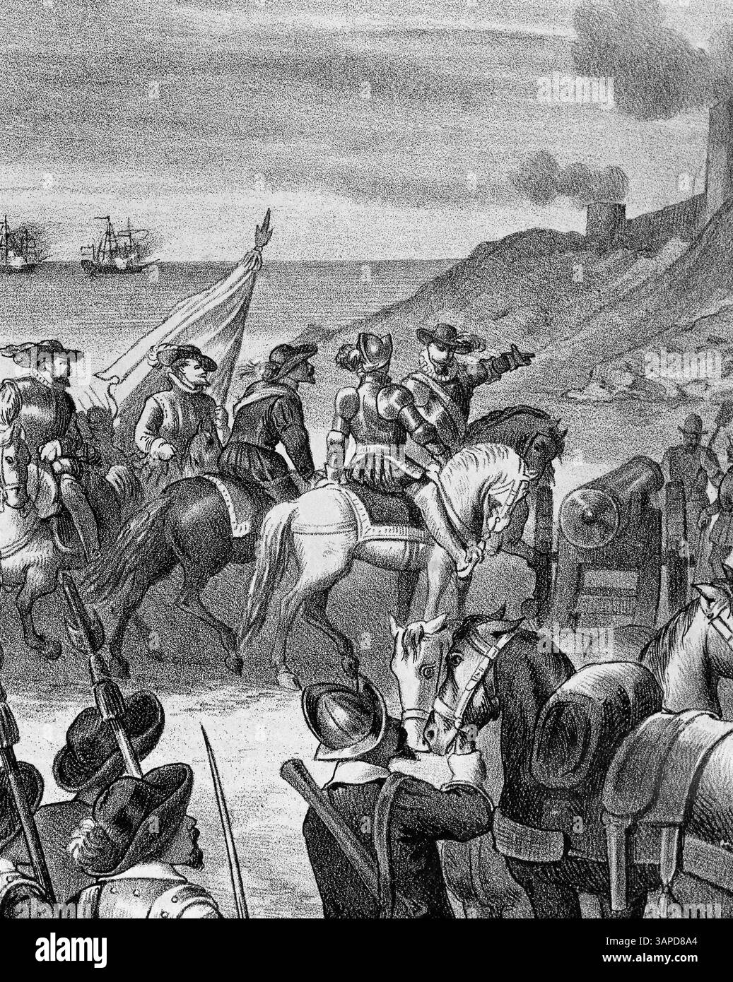 Die zweite spanische Besetzung des Felsens von Velez de la Gomera, 1564 (Küste Nordafrikas) regierte Felipe II. Das Kommando von Garcia Alvarez de Toledo, 4. Marqu Stockfoto