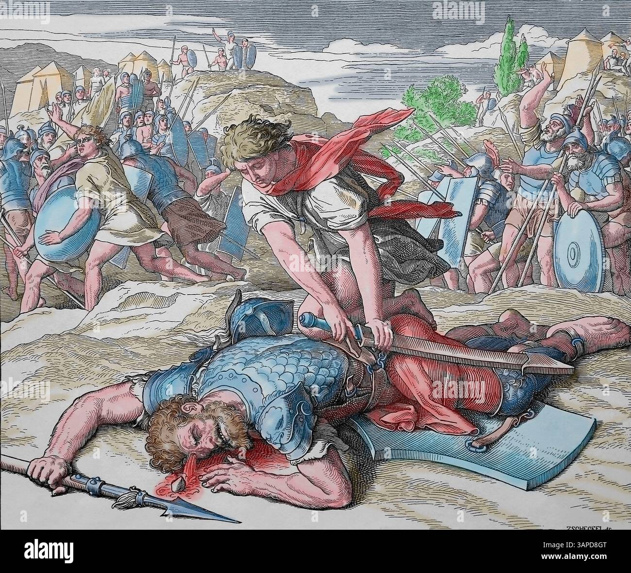 Altes Testament. David tötet Goliath. Das erste Buch Samuel. Illustration von J. Schnorr von Carolsfeld. "Die Bilderbibel", 1852-60. Stockfoto