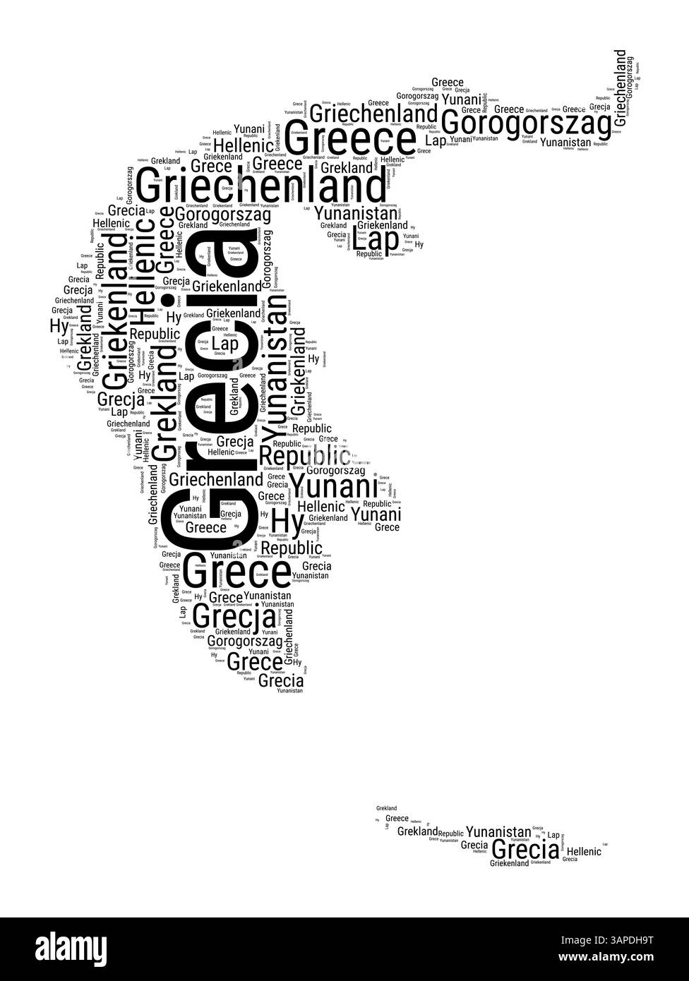 Schwarz-weiße Wortwolke in griechischer Form. Einfache typografische Darstellung des Landes. Schwarze Textwolke in Griechenland auf weißem Hintergrund. Stock Vektor
