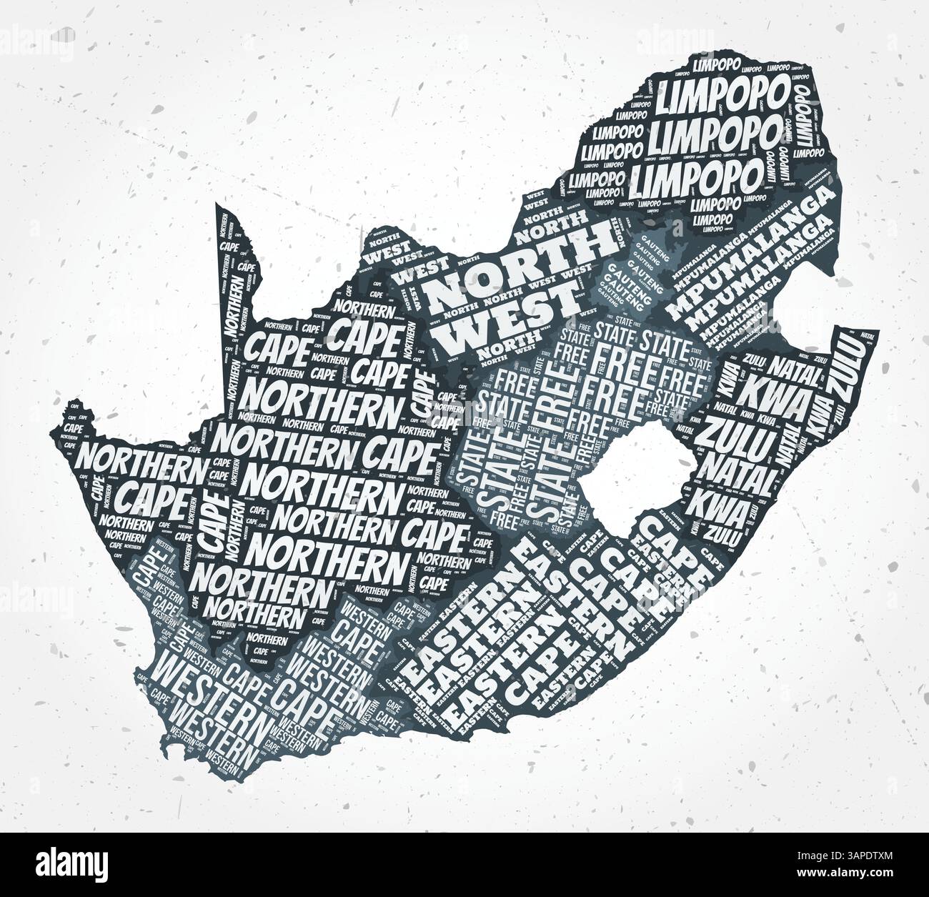 Südafrika Regionen Wortwolken. Länderform auf strukturiertem Hintergrund. Südafrikanisches Design im typografischen Stil. Elegante Vektorillustration. Stock Vektor