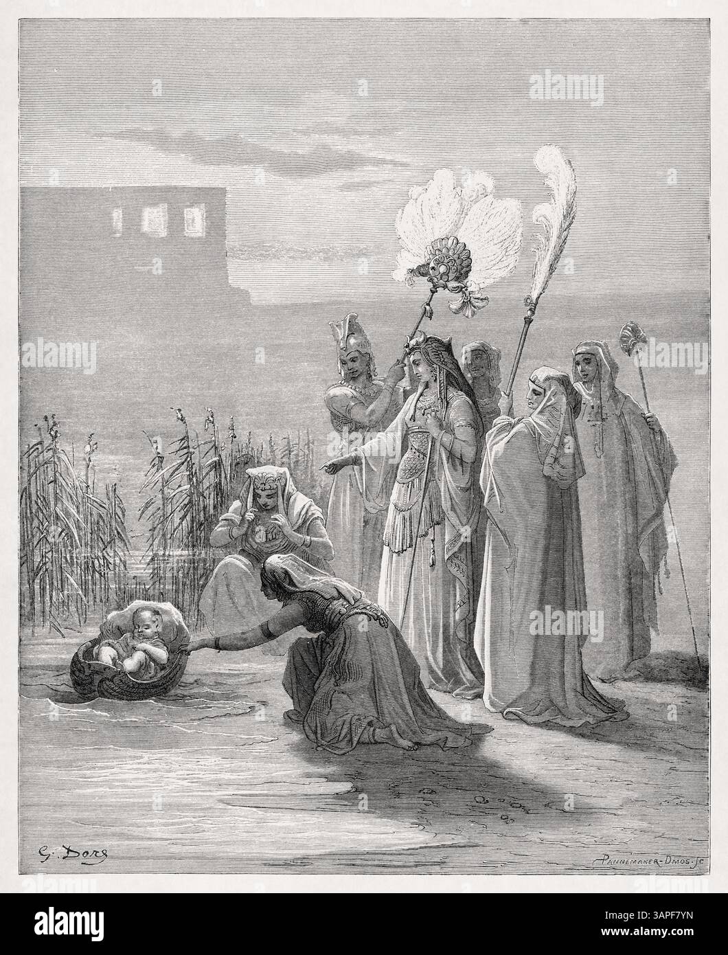 Gravur des Befundes von Moses, hergestellt 1866 von Gustave Doré, um eine Neuausgabe der Heiligen Bibel zu illustrieren. Stockfoto