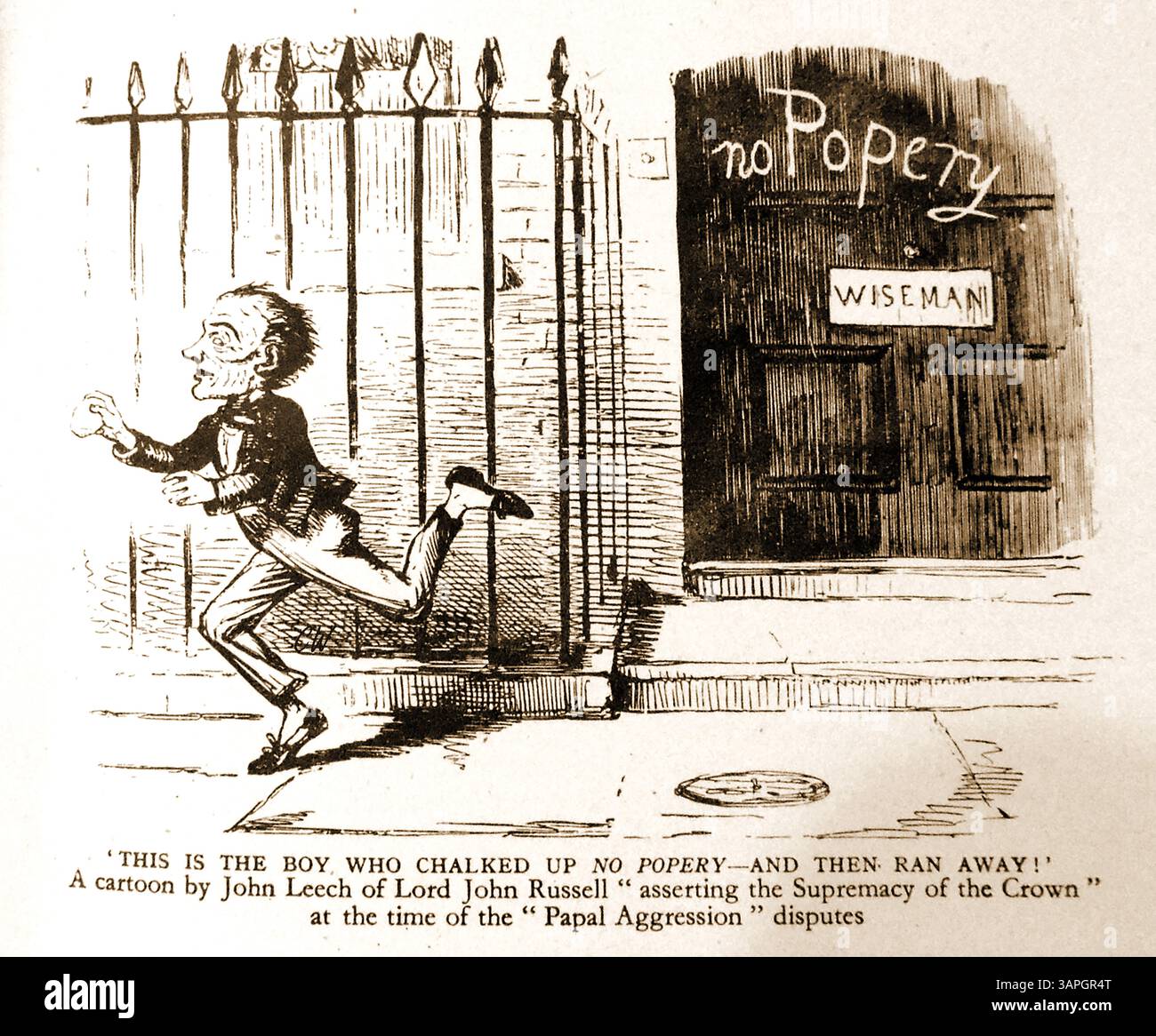 Ein früherer politischer Zeichentrick, der Lord John Russel ( 1792–1878) vor der Downing Street vor dem Problem, das er in Bezug auf das „Popery“ in Großbritannien schuf, zeigt. John Russell war auch als 1. Earl Russell bekannt und war Premierminister des Vereinigten Königreichs Stockfoto