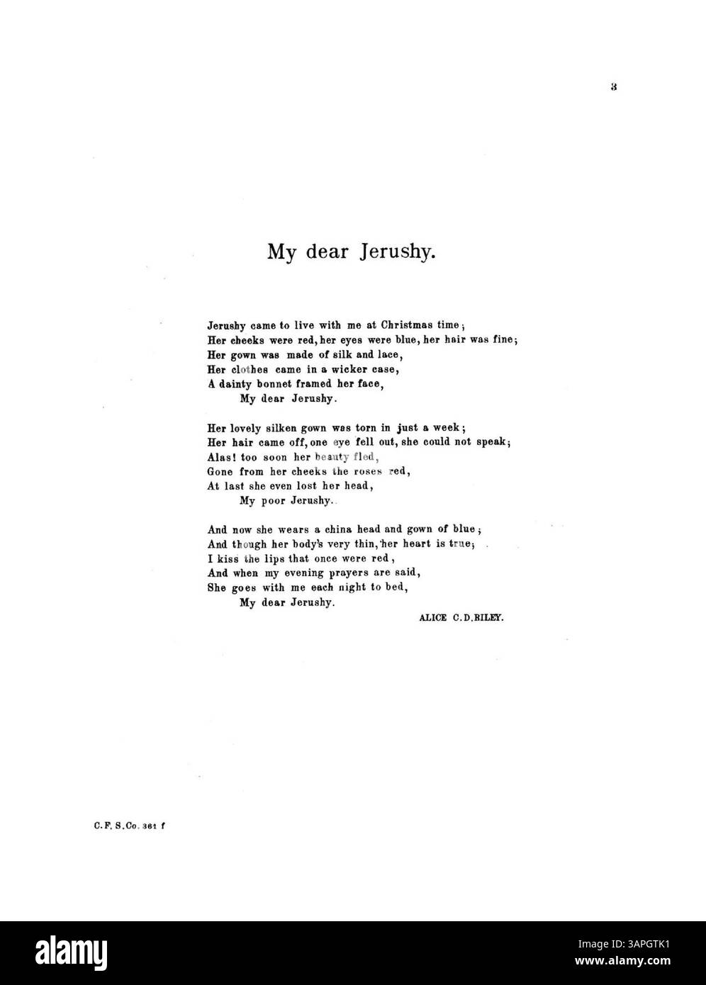 Das Notenblatt für My Dear Jerushy enthält ein Gedicht von Alice C.D. Riley und Musik von Jessie L. Gaynor. Es enthält eine Sopranstimme auf Seite 7 und eine Werbung für weltliche und geistliche Lieder. Das Werk repräsentiert die amerikanische Musik des frühen 20. Jahrhunderts und die Verlagspraxis von Clayton F. Summy Co. Stockfoto