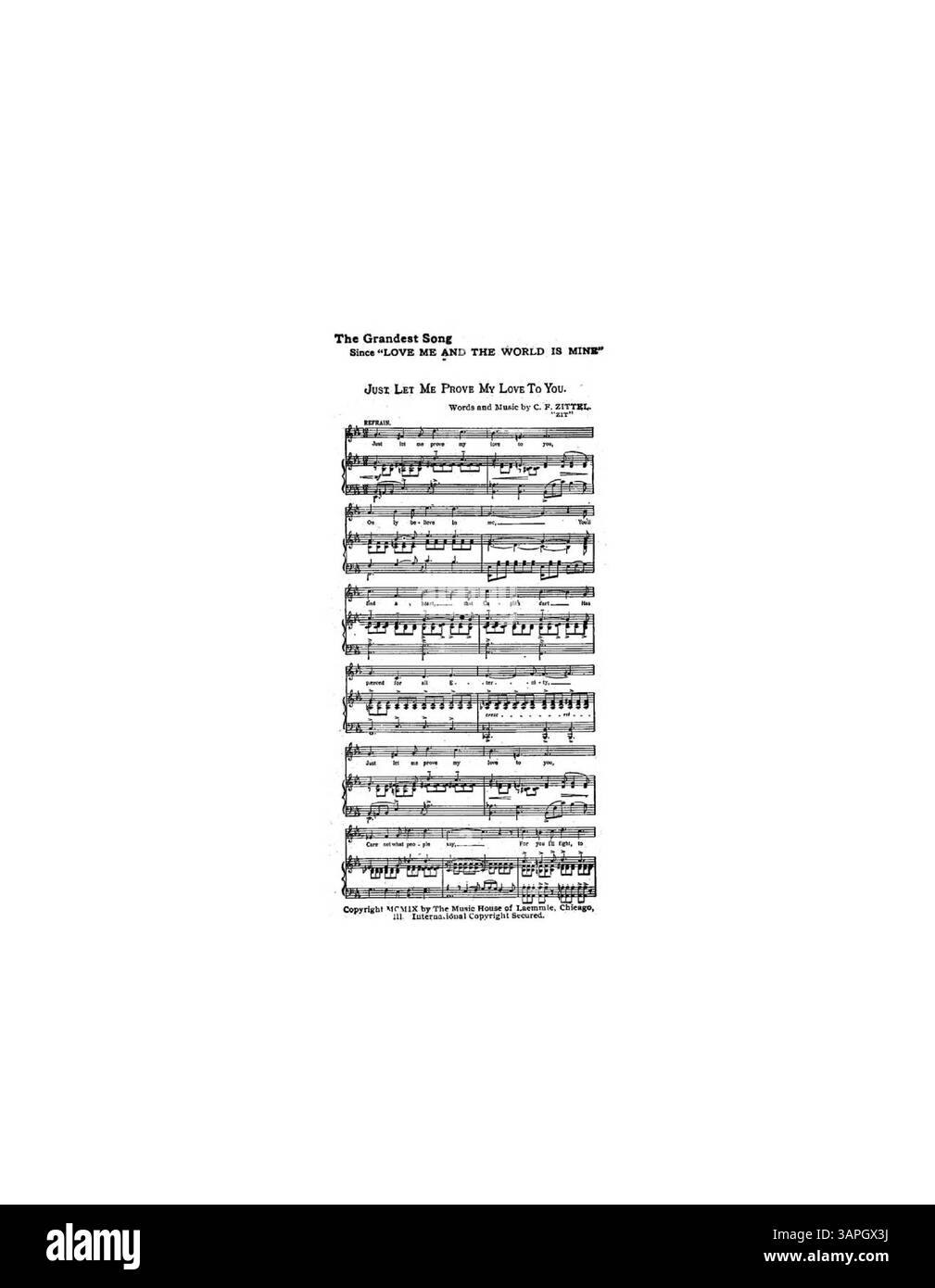 Auf der Rückseite befindet sich ein musikalischer Auszug aus dem Song Just Let Me Prove My Love to You von C.F. Zittel. Stockfoto