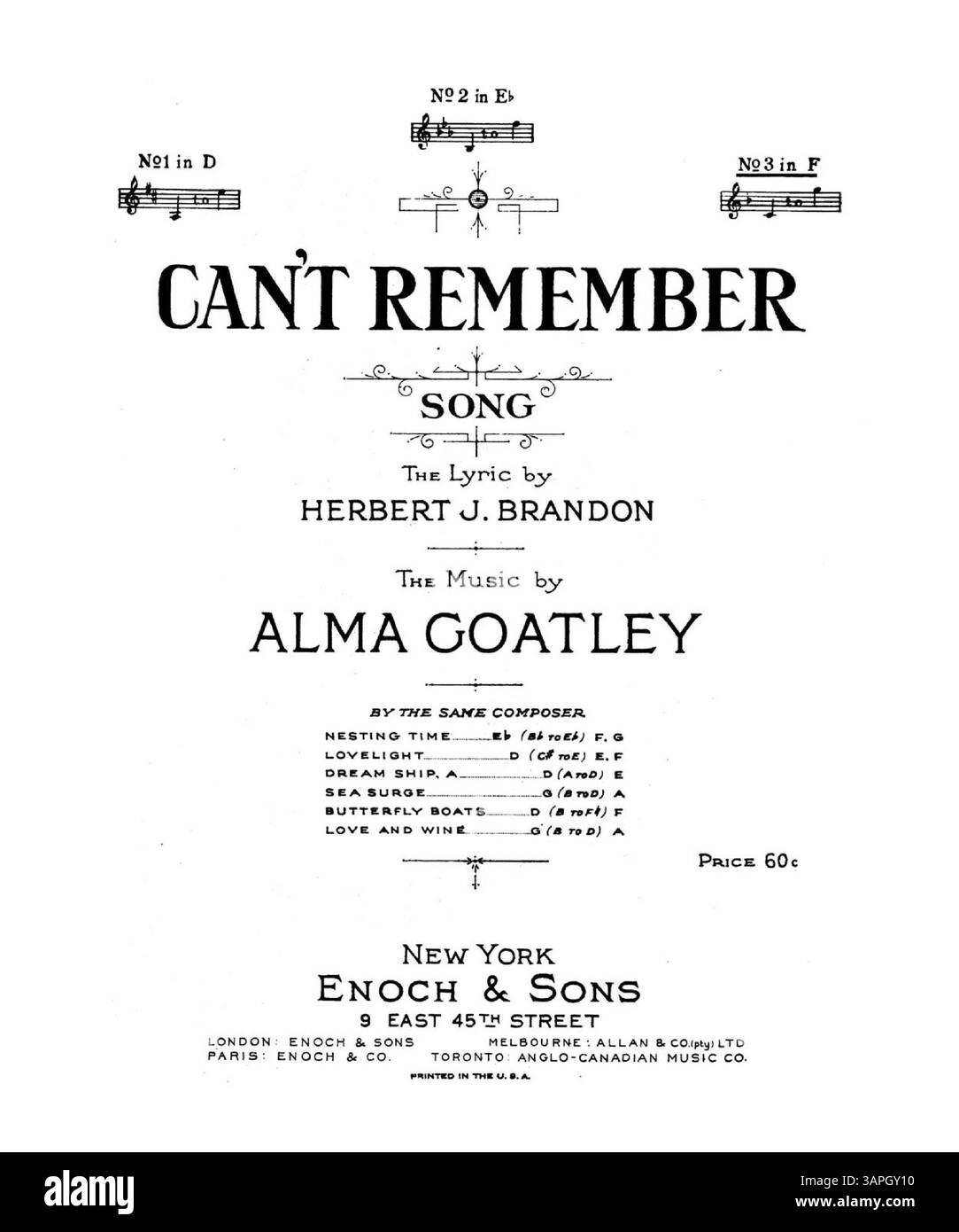 Das Notenblatt enthält das Lied mit dem Text von Herbert J. Brandon und Musik von Alma Goatley. Versions-Nr. 3 in F enthält er Volltext vor der Partitur und enthält die ersten Seiten von „Faith“ und „Garden of Happiness“. Stockfoto