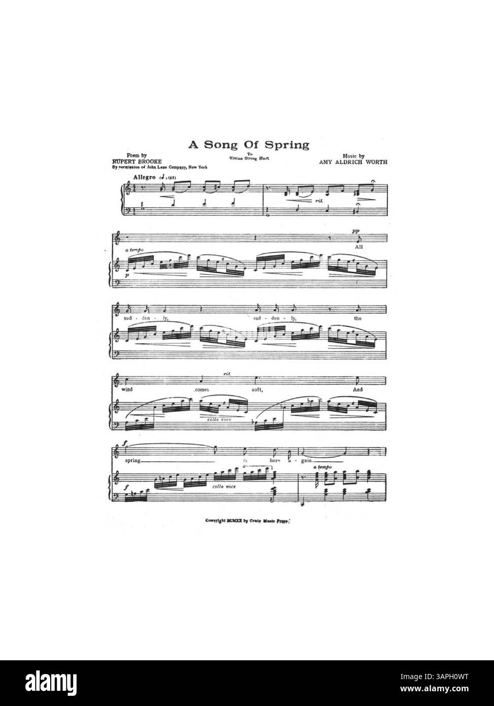 „Pierrot“ von Sara Teasdale und Amy Aldrich Worth, für mittlere Stimme vorgesehen, enthält eine Werbung auf der Rückseite für „A Song of Spring“. 1917 von MacMillan Co. Veröffentlicht, spiegelt die musikalische und literarische Zusammenarbeit des frühen 20. Jahrhunderts wider. Stockfoto
