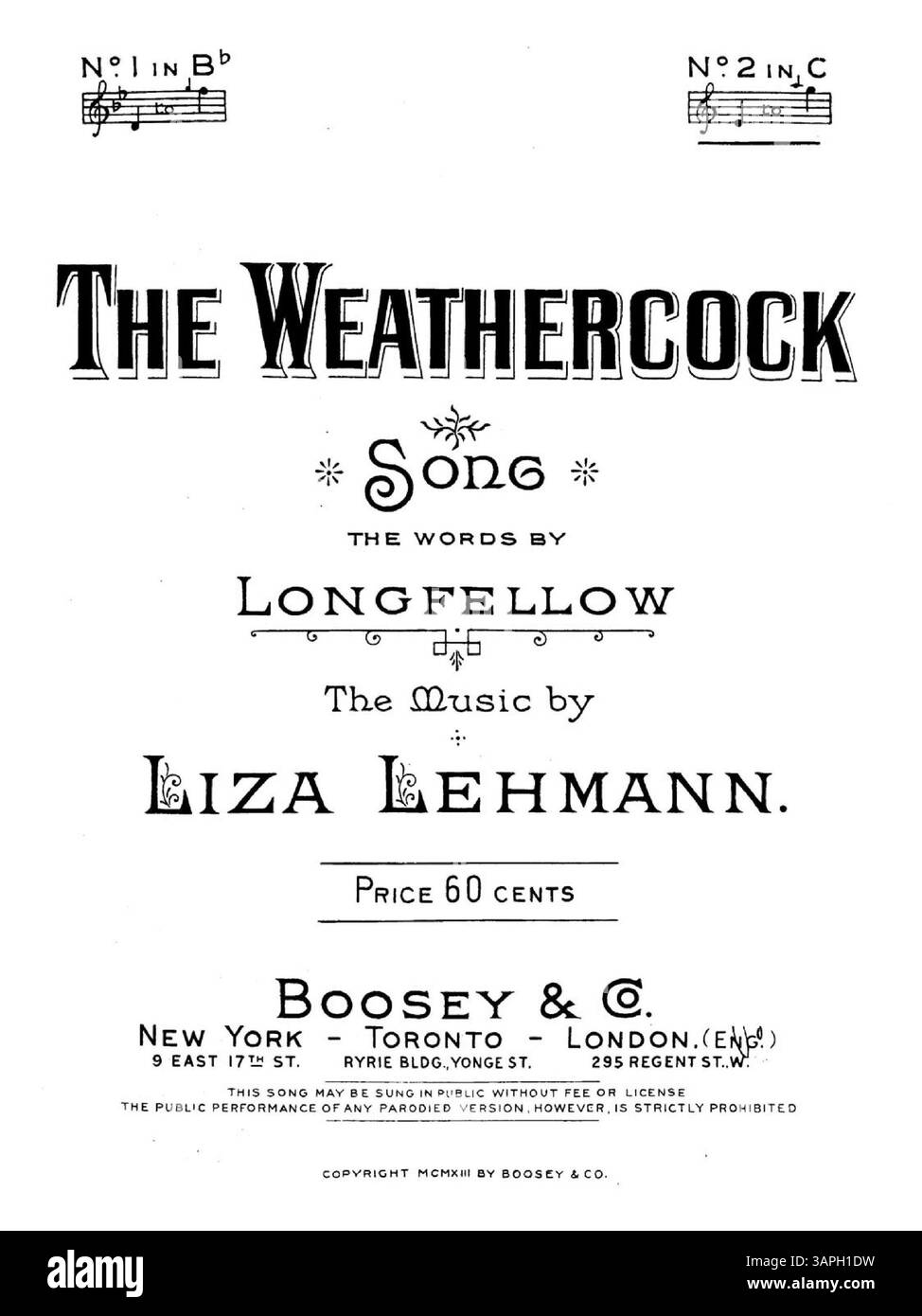 Dieses Notenblatt für „The Weathercock“ enthält musikalische Ausschnitte auf der Rückseite und auf der Innenseite des Covers und Werbung für andere Lieder von Boosey & Co. Es enthält ein Gedicht von Longfellow und Anweisungen für Sänger. Stockfoto