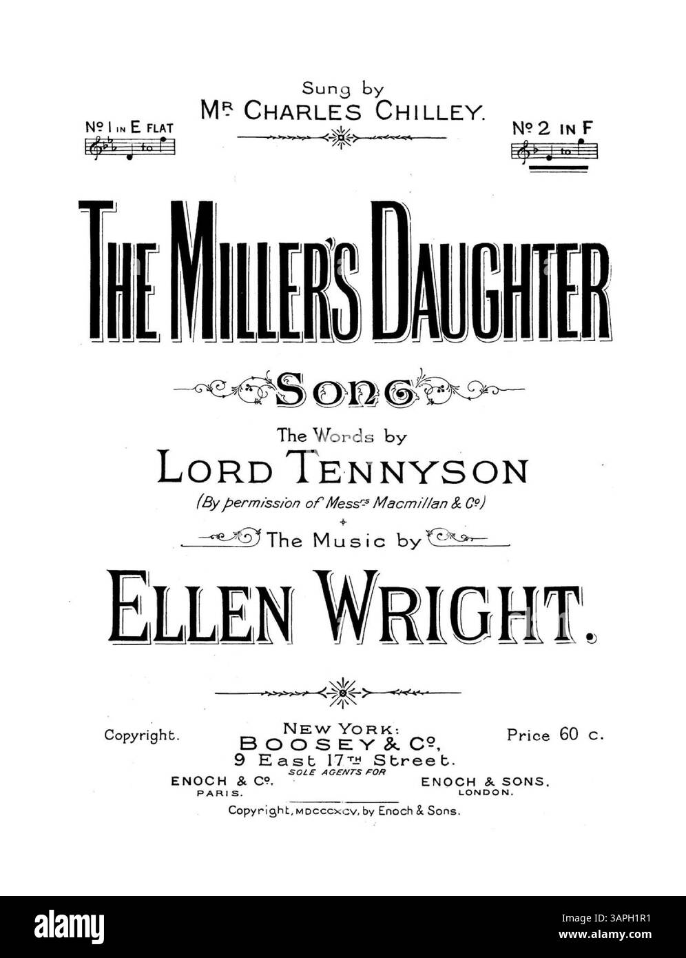 Das Notenblatt zu The Miller's Daughter, gesungen von Mr. Charles Chilley, mit den Texten von Lord Tennyson und Musik von Ellen Wright. Das Cover enthält Werbung für neue Lieder und Publikationen, mit musikalischen Ausschnitten im Inneren. Nummernschild: E.&S. 2219. Version 2 in F. die Farbdarstellung im digitalen Bild kann vom Original abweichen. Stockfoto