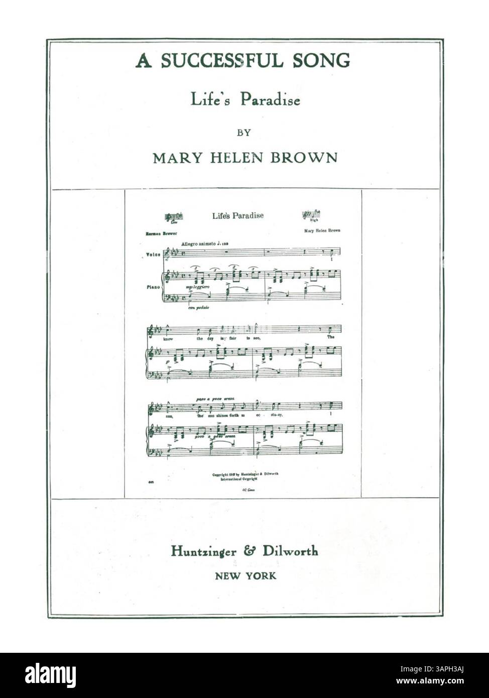 One Golden Day ist ein Lied von Grace Denio Litchfield und Fay Foster. Es ist Anna Case gewidmet und wurde von ihr gesungen. Diese Version ist für mittlere Stimme ausgelegt und enthält die Kennnummer 602. Das Cover auf der Rückseite zeigt eine Werbung für einen weiteren Song, Life's Paradise von Mary Helen Brown. Das digitale Bild kann farblich vom Original abweichen, und Anmerkungsinformationen sind über die Musikdienste verfügbar. Stockfoto