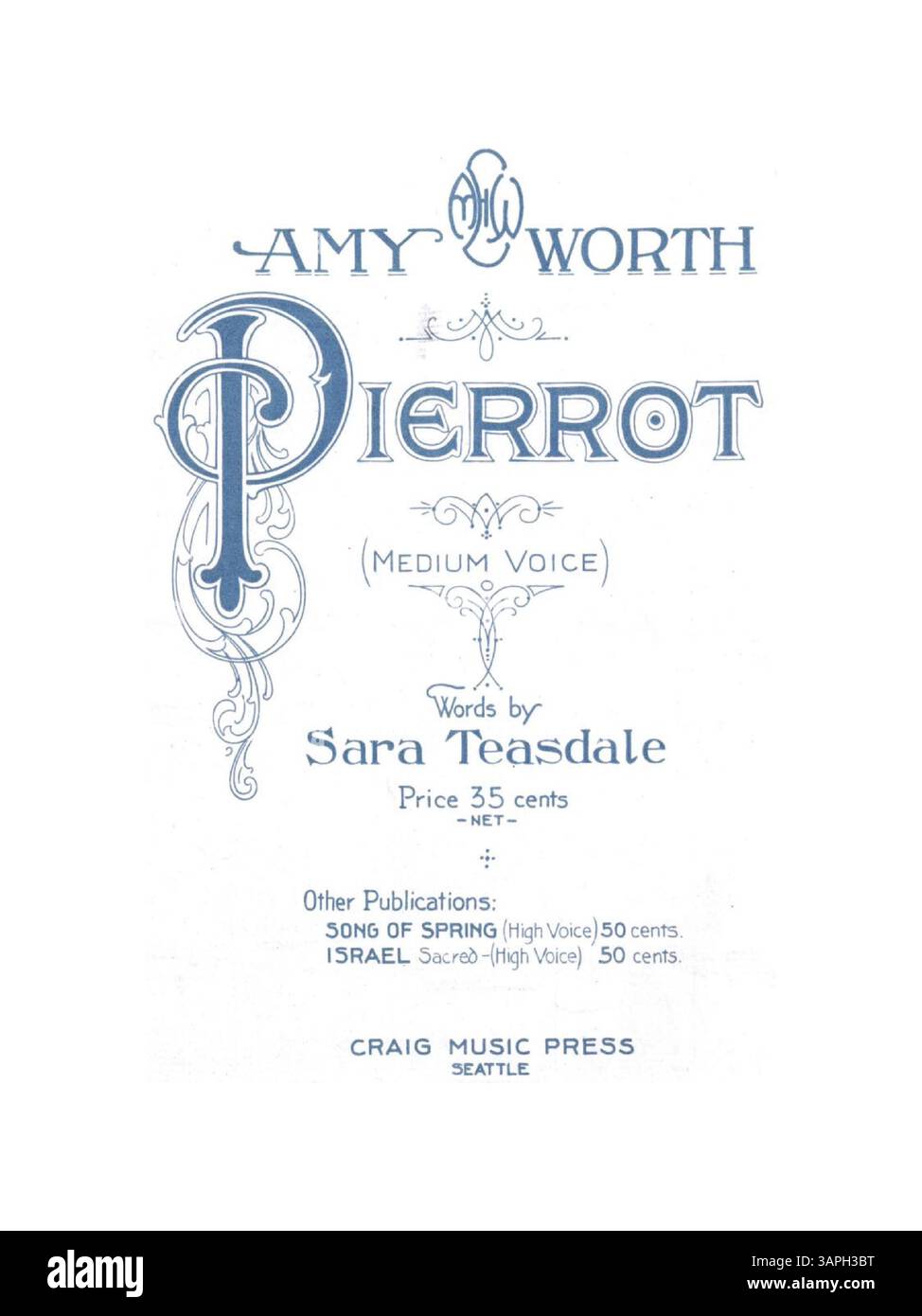 „Pierrot“ enthält Wörter von Sara Teasdale und Musik von Amy Aldrich Worth. Die Publikation, die für mittlere Stimme gedacht ist, enthält eine Werbung auf der Rückseite für „A Song of Spring“. Es wurde 1917 von MacMillan Co. Veröffentlicht. Stockfoto