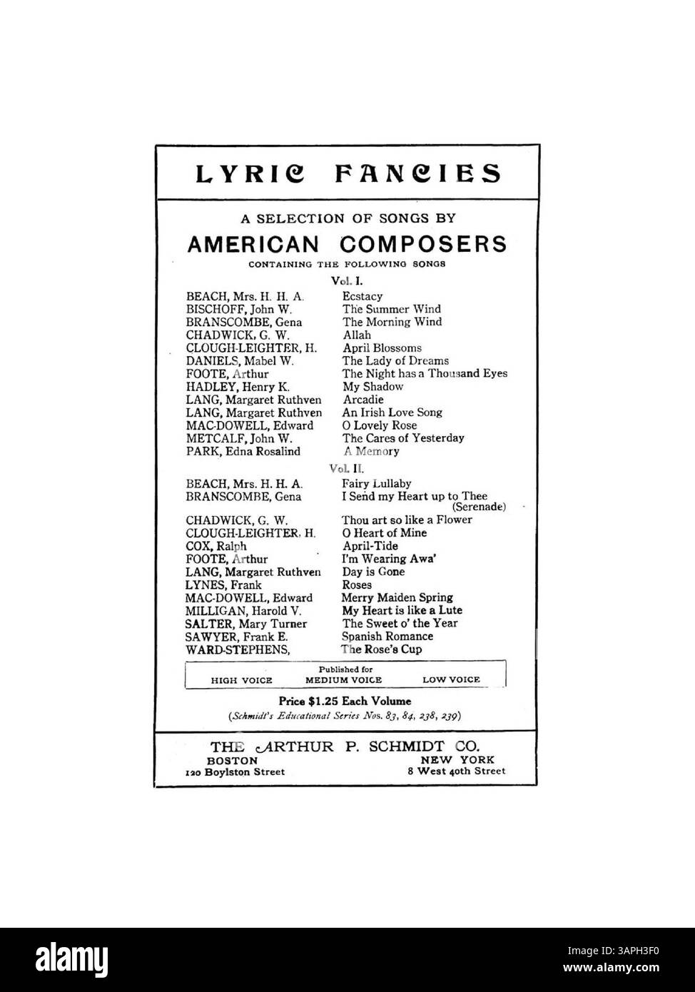 O Wild West Wind ist ein Lied von Florence Newell Barbour aus ihrer Sammlung Six Song Pictures. Es ist für Mezzo-Sopran oder Bariton mit der Kennnummer A.P.S. 12166 bestimmt. Die Rückseite enthält eine Werbung für Lyric Fancy, eine Sammlung von Liedern amerikanischer Komponisten. Stockfoto