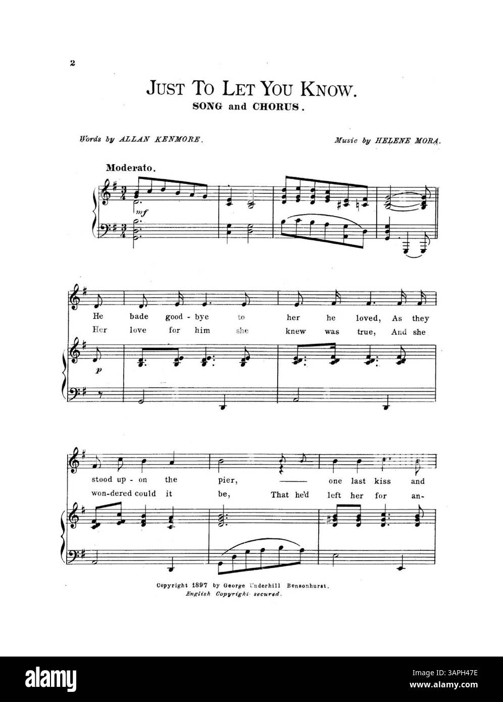 Das Lied Just to Let You Know mit den Texten von Allan Kenmore und der Musik von Helene Mora wurde mit Helene Mora sehr erfolgreich. Auf der Rückseite werden weitere populäre Instrumentalwerke renommierter Komponisten geworben. Stockfoto