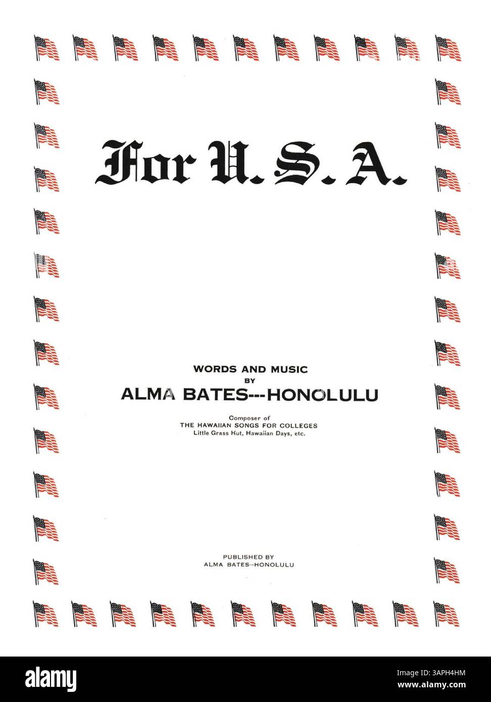 Ein musikalisches Werk von Alma Bates, bekannt für die hawaiianischen Lieder für Colleges. Auf der Rückseite des Covers ist eine Werbung für die PEP war Songs/They'll HELP US WINNING ZU sehen. Stockfoto