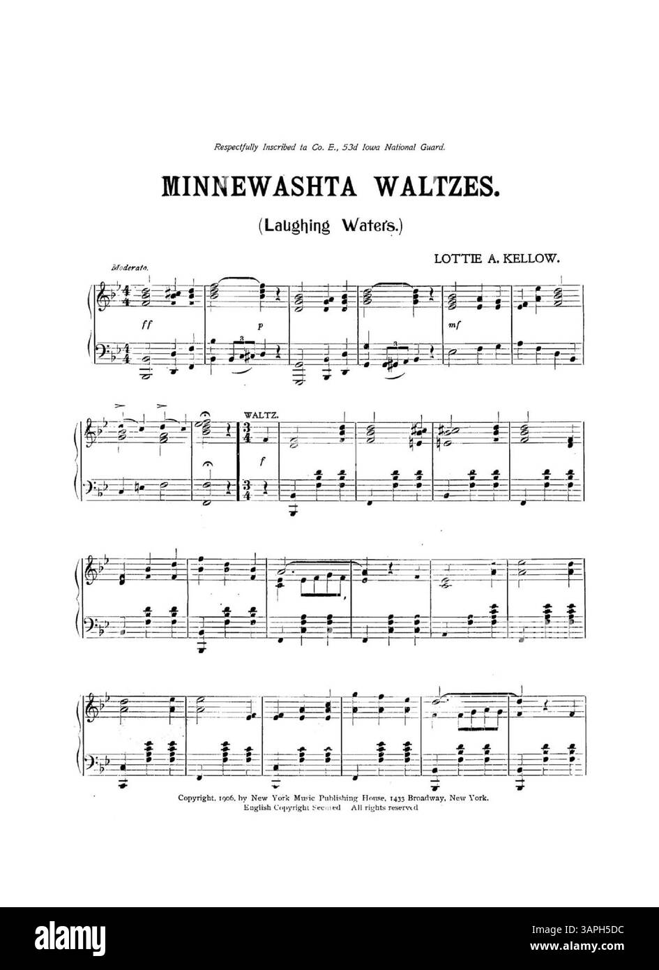 Minnewashta Waltzes ist der Co. E. 53d Iowa National Guard eingeschrieben. Auf der Rückseite ist eine ganzseitige Werbung für verschiedene Lieder des New York Music Publishing House enthalten, einschließlich Musikauszügen. Es ist Teil der Bibliothek der University of Oregon. Stockfoto