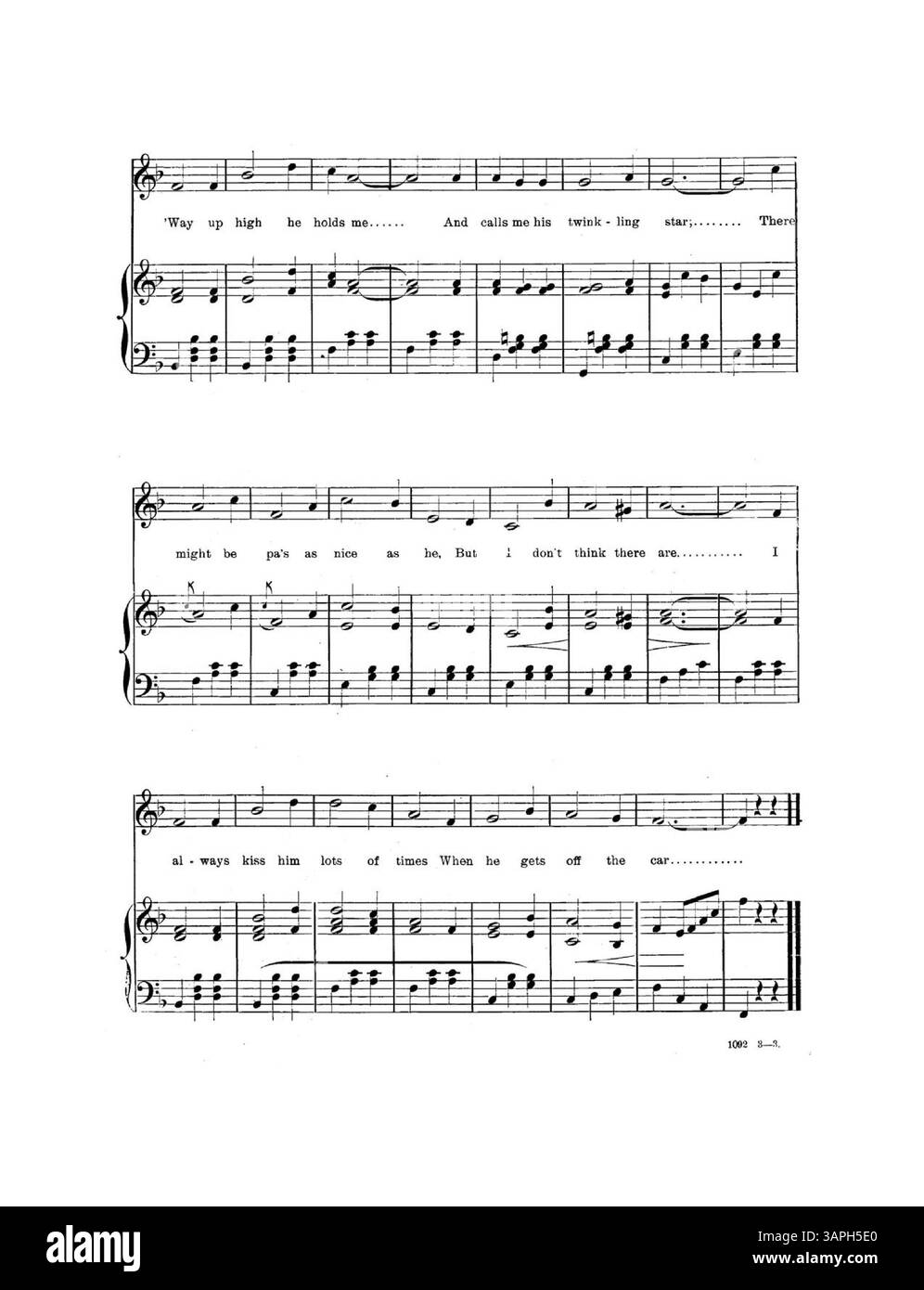 I Throw a Kiss to Papa ist ein Kinderlied von Al. W. Moss mit Musik von Dolly Connolly. Die Publikation enthält ein Kennzeichen 1092 und Werbung für andere Werke, darunter Sonora: A Spanish Novelette von Percy Wenrich. Das digitale Bild kann vom Original abweichen. Stockfoto