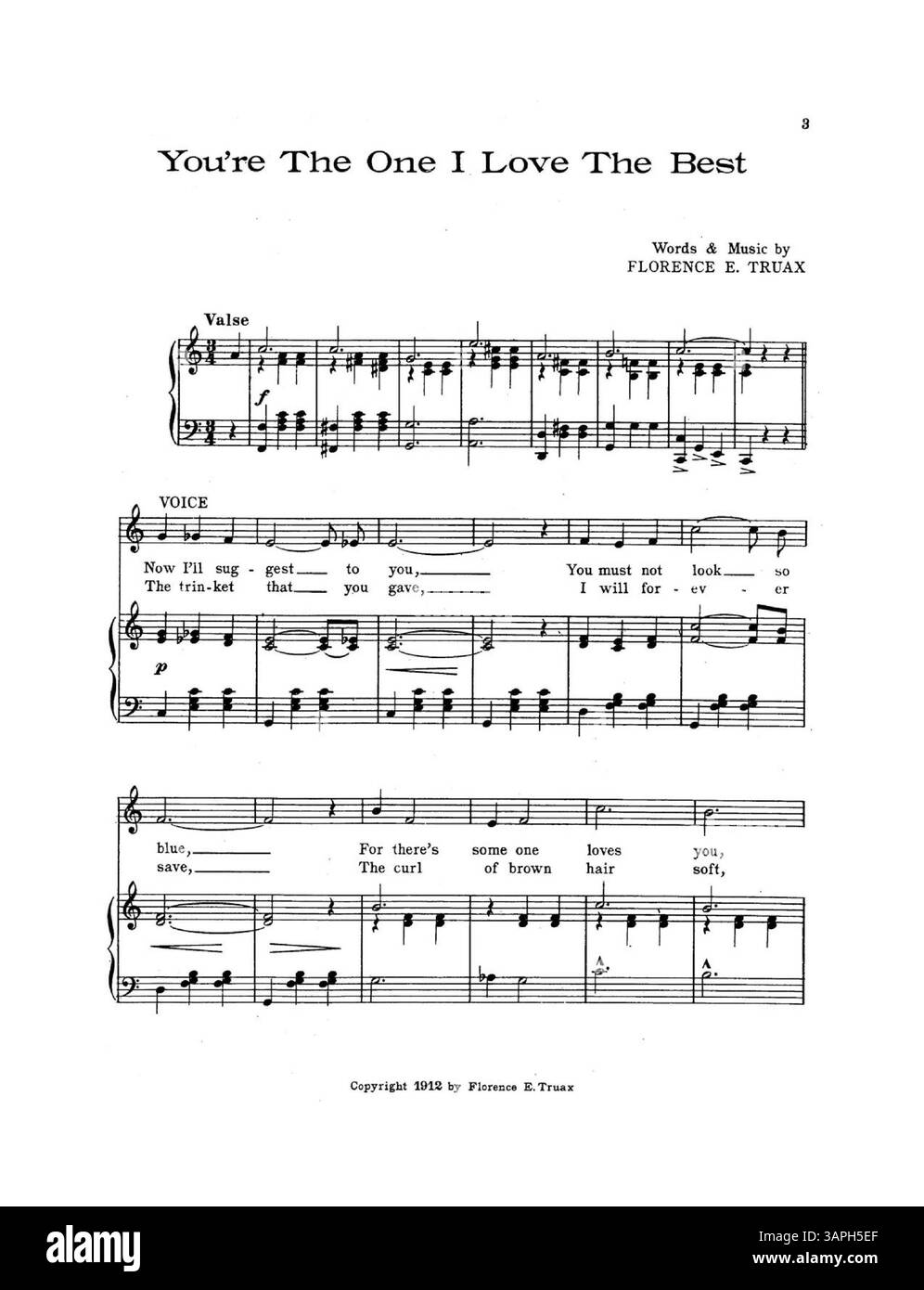 Diese Komposition, geschrieben von Florence E. Truax, enthält Texte und Musik, mit Werbung für „What Makes Me Love You the Way I Do?“ Auf der Innenseite und einem Auszug aus „wie kann ich dich vergessen?“ Auf der hinteren Abdeckung. Das digitale Bild kann von der Farbe des Originals abweichen. Stockfoto