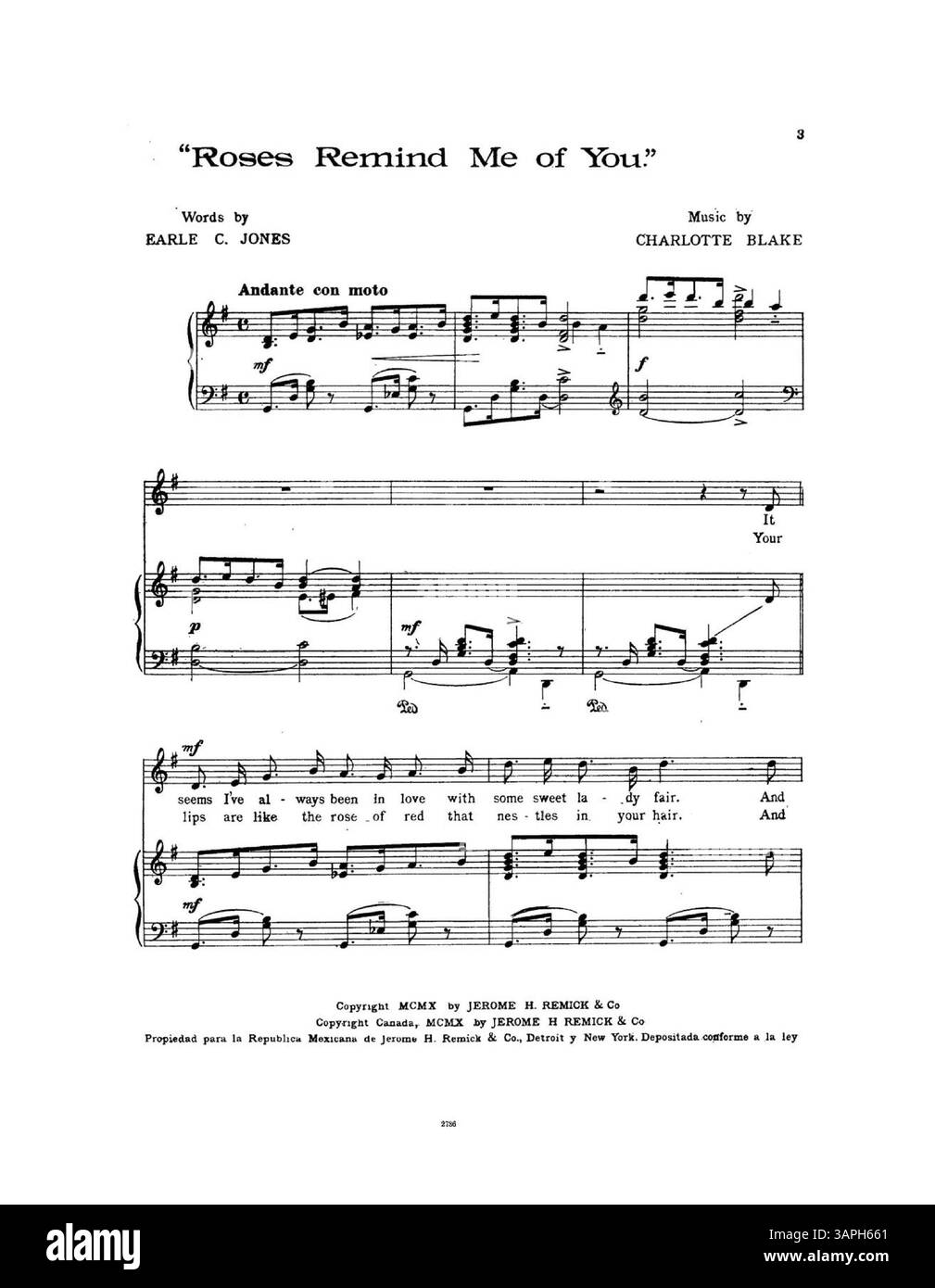 „Roses Remember Me of You“ enthält eine ganzseitige Anzeige für Jerome H. Remick & Co. „Neueste Publikationen“ auf der zweiten Seite. Der Werbespot enthält musikalische Ausschnitte aus den Liedern „Moon Bird“ von Johann C. Schmid und J.E. Dempsey und „Lady Love“ von Albert Gumble und WM McKenna. Stockfoto