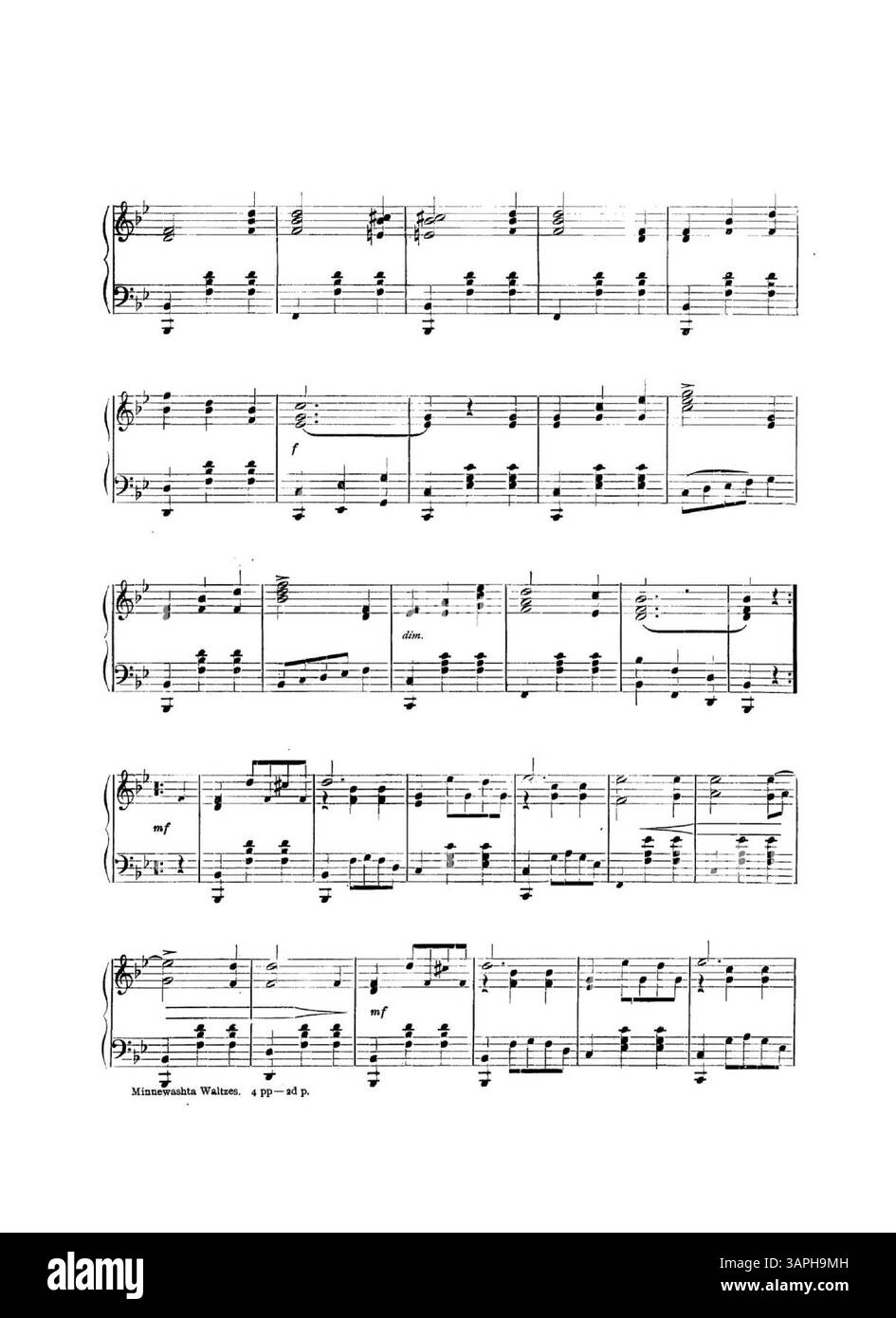 Die Minnewashta Waltzes ist der Co. E, 53d Iowa National Guard. Die Rückseite enthält eine Werbung mit musikalischen Ausschnitten für verschiedene Lieder, die vom New York Music Publishing House veröffentlicht wurden. Sie wird in der Sammlung der University of Oregon Libraries aufbewahrt. Stockfoto