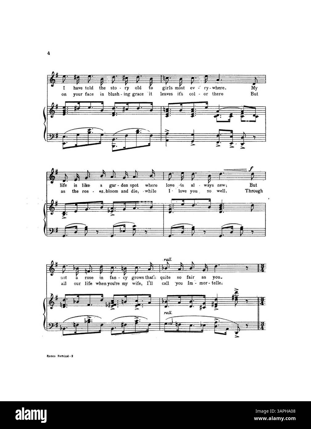 „Roses Remember Me of You“ enthält eine ganzseitige Anzeige für Jerome H. Remick & Co. „Neueste Publikationen“ auf der zweiten Seite. Der Werbespot enthält musikalische Ausschnitte aus den Liedern „Moon Bird“ von Johann C. Schmid und J.E. Dempsey und „Lady Love“ von Albert Gumble und WM McKenna. Stockfoto