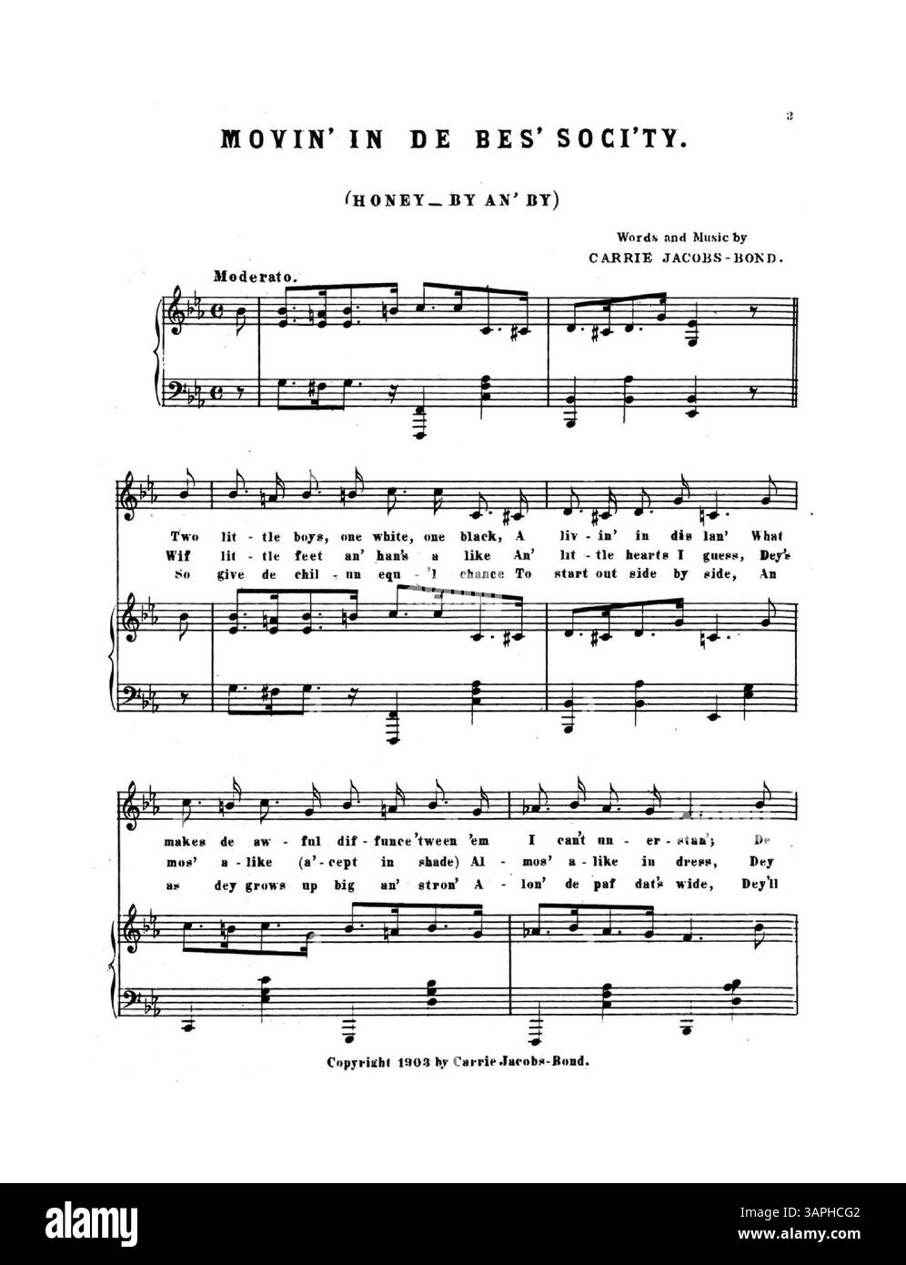 Das Notenblatt enthält das Lied Movin in de Bes' Soci'ty von Carrie Jacobs-Bond. Die Rückseite enthält eine Werbung für weitere Werke von Jacobs-Bond, darunter „To-day“, „A Song of the Hills“, „Life's Garden“ und „A Hundred Years From Now“. Das Bild bietet einen Einblick in die amerikanische Musik und Kultur des frühen 20. Jahrhunderts. Stockfoto