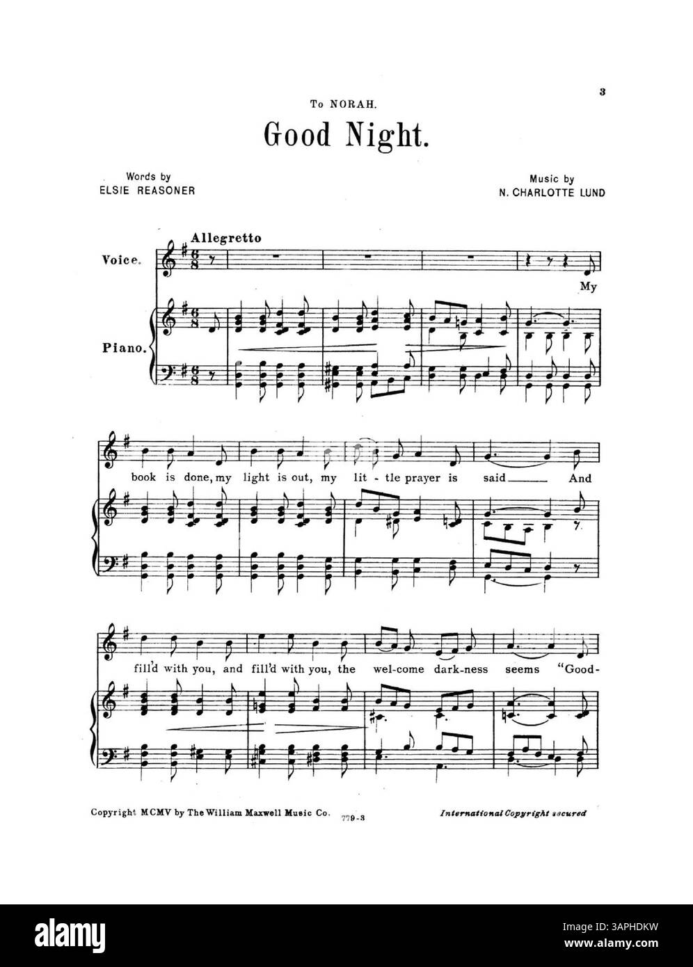 Das Cover des Songs Good Night präsentiert den Text von Elsie Reasoner und die Musik von Charlotte Lund. Das Kennzeichen 779-3 ist enthalten, und auf der Rückseite sind weitere Werke erfolgreicher Komponisten aufgeführt. Die Farbe im Digitalbild stimmt möglicherweise nicht mit dem Original überein. Stockfoto