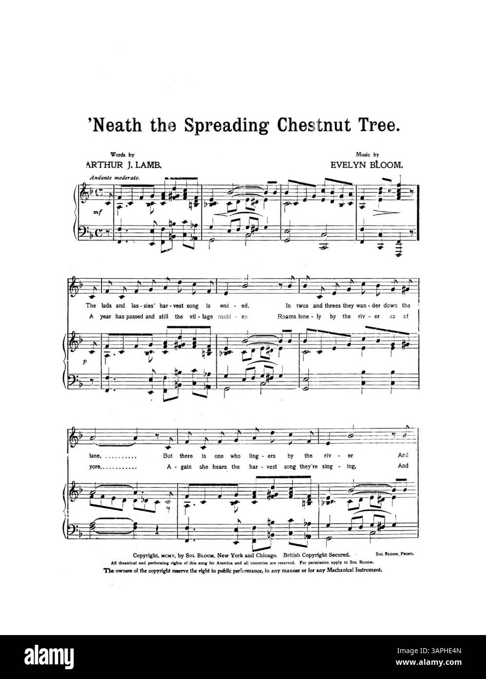 Das Cover des Songs Neath the Spread Chestnut Tree, mit Worten von Arthur J. Lamb und Musik von Evelyn Bloom. Die Rückseite zeigt eine Werbung für andere musikalische Erfolge, die Klavierspieler ermutigt, neue Stücke auszuprobieren. Stockfoto