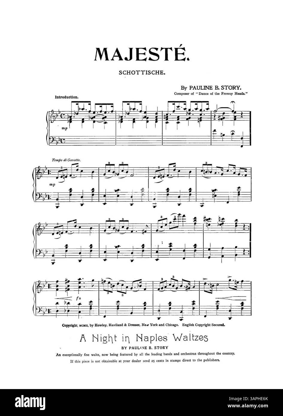 Diese Ausgabe zeigt auf jeder Seite Musical-Werbung, einschließlich einer ganzseitigen Anzeige für Pauline B. Story’s „A Cluster of instrumental Compositions“ auf der Innenseite der Vorderseite. Auf der Rückseite des Covers ist „Way Down Yonder“ von Paul Rubens zu sehen. Die Publikation bietet verschiedene Werbeanzeigen für klassische Kompositionen wie „in the Whirl of Pleasure“ und „Ping Pong Lanciers No. 2“. Diese Musikstücke wurden zusammen mit anderen beworben, was einen Einblick in die klassische Musik der damaligen Zeit bot. Stockfoto