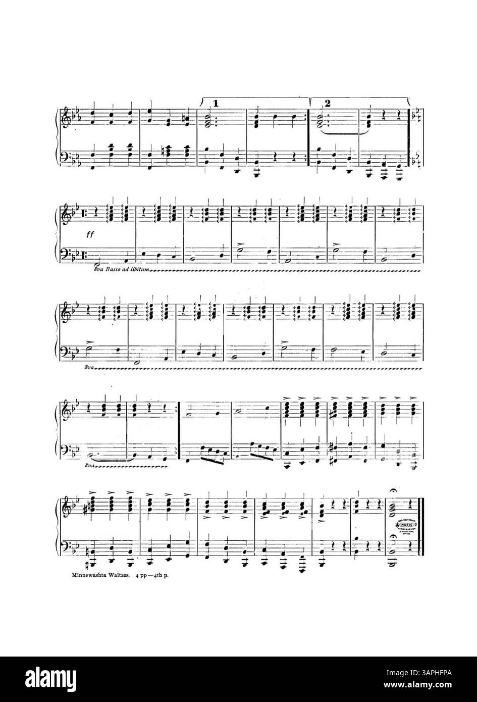 Dieses Notenblatt mit dem Titel „Minnewashta Waltzes“ trägt die Inschrift „respektvoll inscribed to Co. E. 53d Iowa National Guard“. Auf der Rückseite befindet sich eine ganzseitige Werbung mit musikalischen Ausschnitten aus verschiedenen Liedern, die vom New York Music Publishing House veröffentlicht wurden. Stockfoto