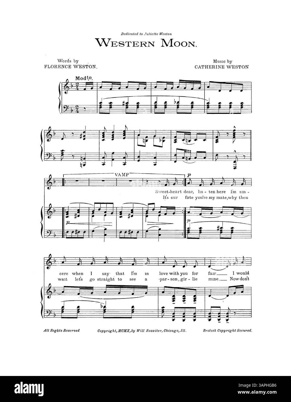 Die University of Oregon Libraries halten ein Cover, auf dem der Song Western Moon als „ursprünglich eingeführt von den drei Westonen“ aufgeführt wird. Auf der Innenseite der Vorderseite befindet sich ein ganzseitiger Musikauszug mit „will You Forgive if I Forget“. Der hintere Cover enthält eine ganzseitige Werbung mit musikalischen Auszügen für „Meet Me To-Night in Dreamland“ von Beth Slater Whitson und Leo Friedman. Stockfoto