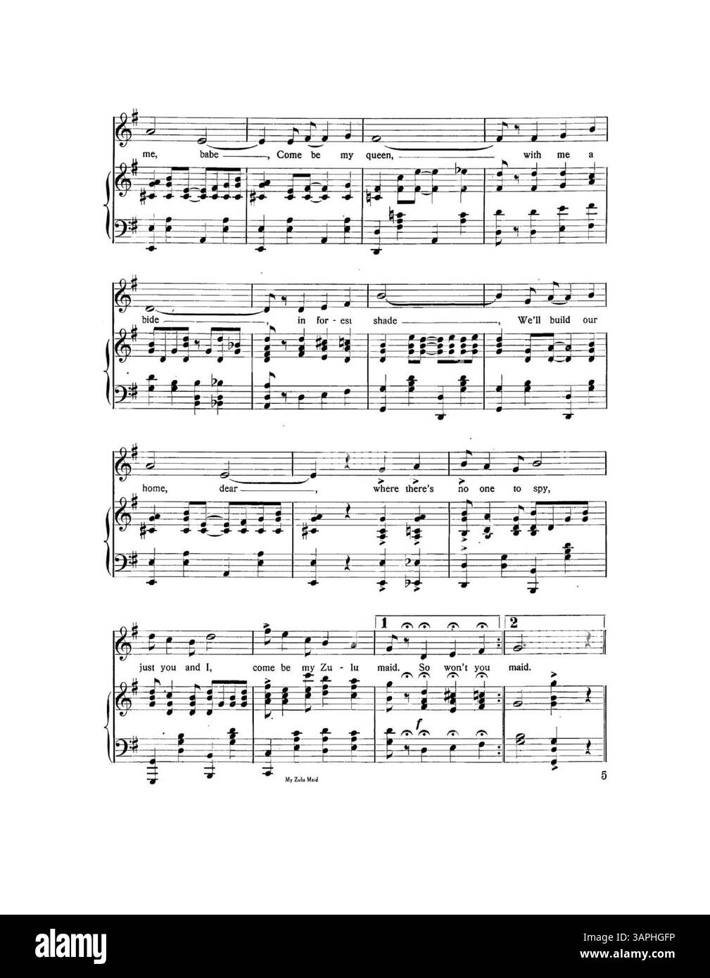 My Zulu Maid, urheberrechtlich geschützt am 13. Dezember 1909, wurde von Kolb & Dill eingeführt. Das Lied enthält afrikanische kulturelle Einflüsse und ist in den Bibliotheken der University of Oregon archiviert. Stockfoto