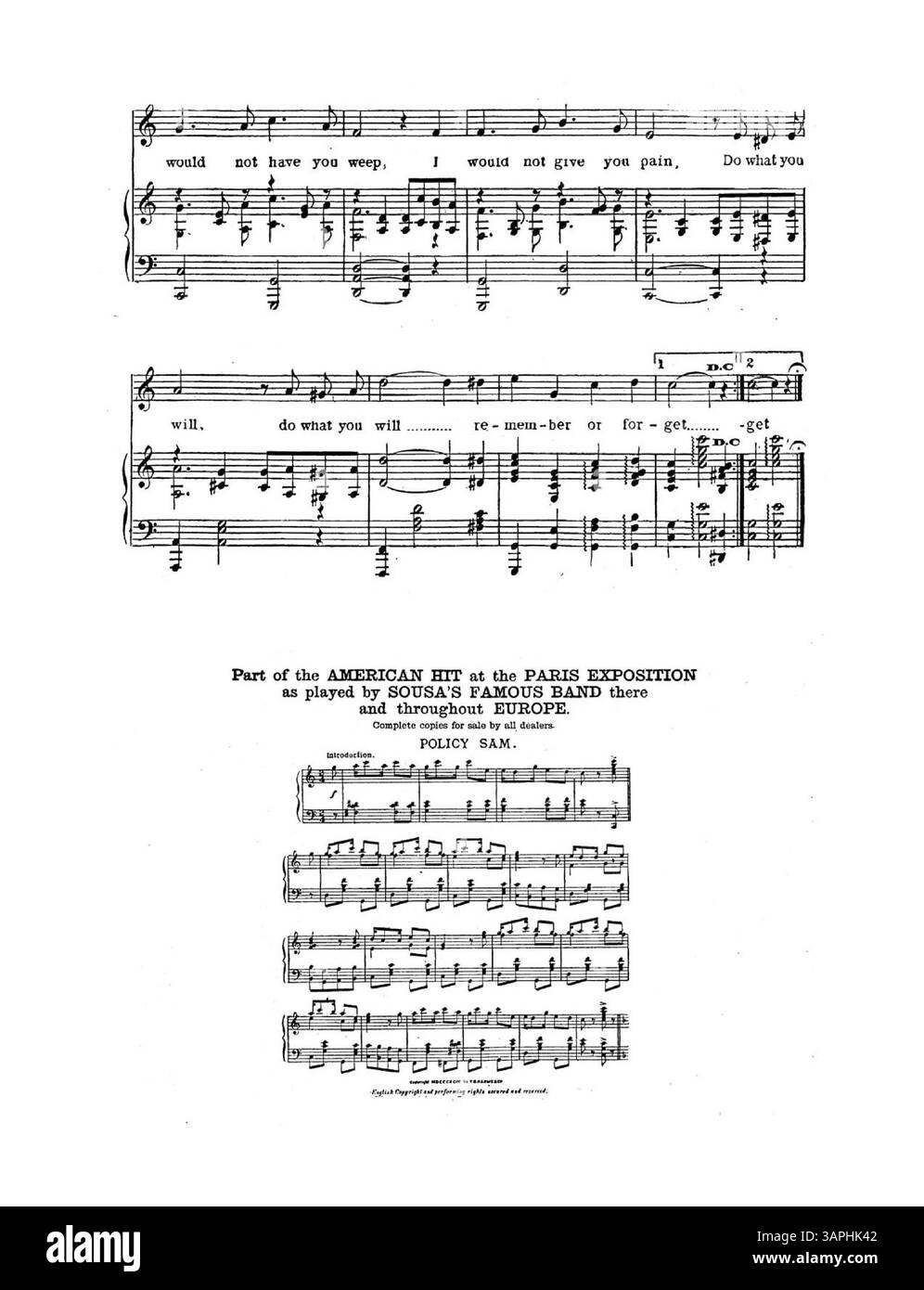 Das Cover von „Remember or Forget“, gesungen von Adele Farrington im Keith's Union Square Theatre in New York, mit einem Auszug aus einem Musikstück auf der Rückseite. Es enthält Hinweise auf Sousas berühmte Band und deren Auftritt auf der Pariser Ausstellung. Stockfoto