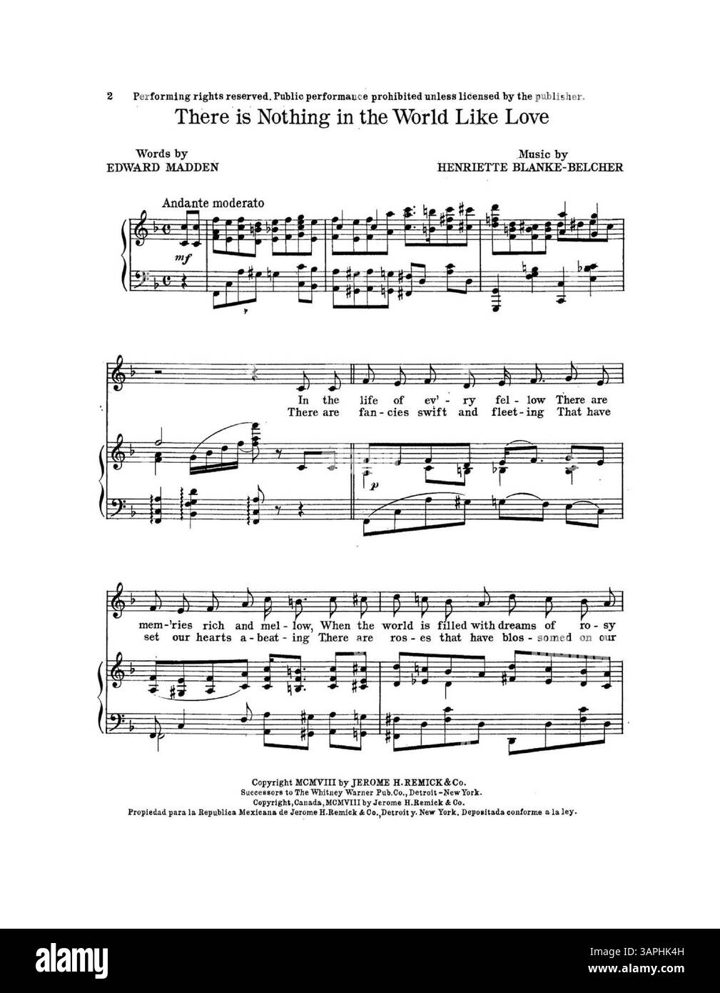 Dieses Notenblatt enthält den Song There Is Nothing in the World Like Love, gesungen von Frank McIntyre in The Traveling Seller. Der hintere Umschlag ist eine ganzseitige rote Werbung für Jerome H. Remick & Co.'s „neueste Publikationen“, die einen Auszug aus Clare Kummers „The Garden of Dreams“ enthält. Stockfoto