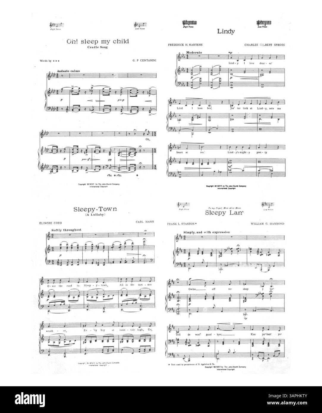 Dieses Notenblatt für Black-Faced Fairies enthält Werbung für andere Werke von Carrie Jacobs-Bond wie „Oh! Schlaf mein Kind“ und „Sleepy-Town“. Veröffentlicht von Eiler's Music House in Portland. Stockfoto