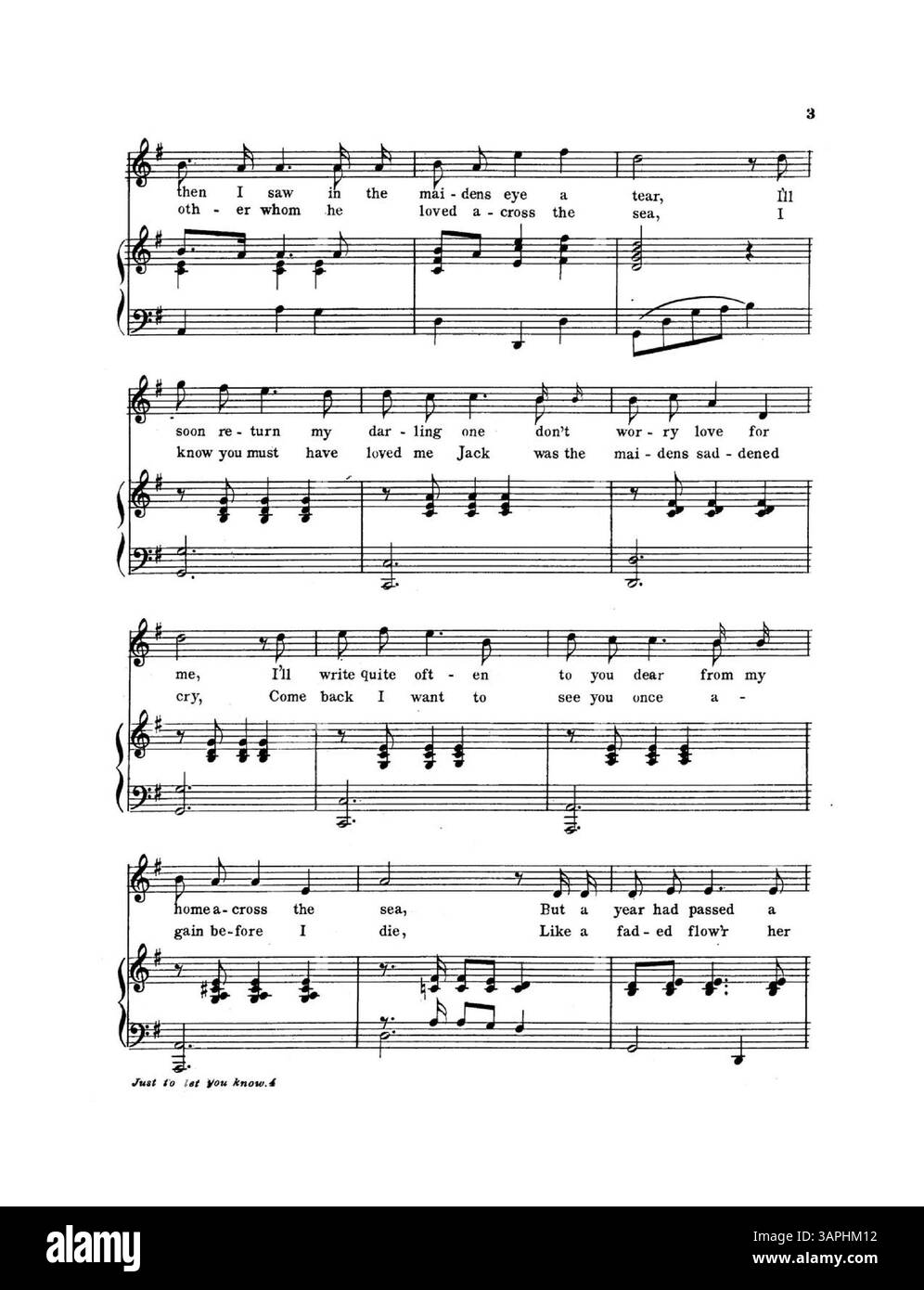 „Just to Let You Know“, ein Lied mit Texten von Allan Kenmore und Musik von Helene Mora, war bei Aufführung von Helene Mora sehr erfolgreich. Auf der Rückseite befindet sich ein Werbespot für Instrumentalkompositionen berühmter Komponisten. Stockfoto